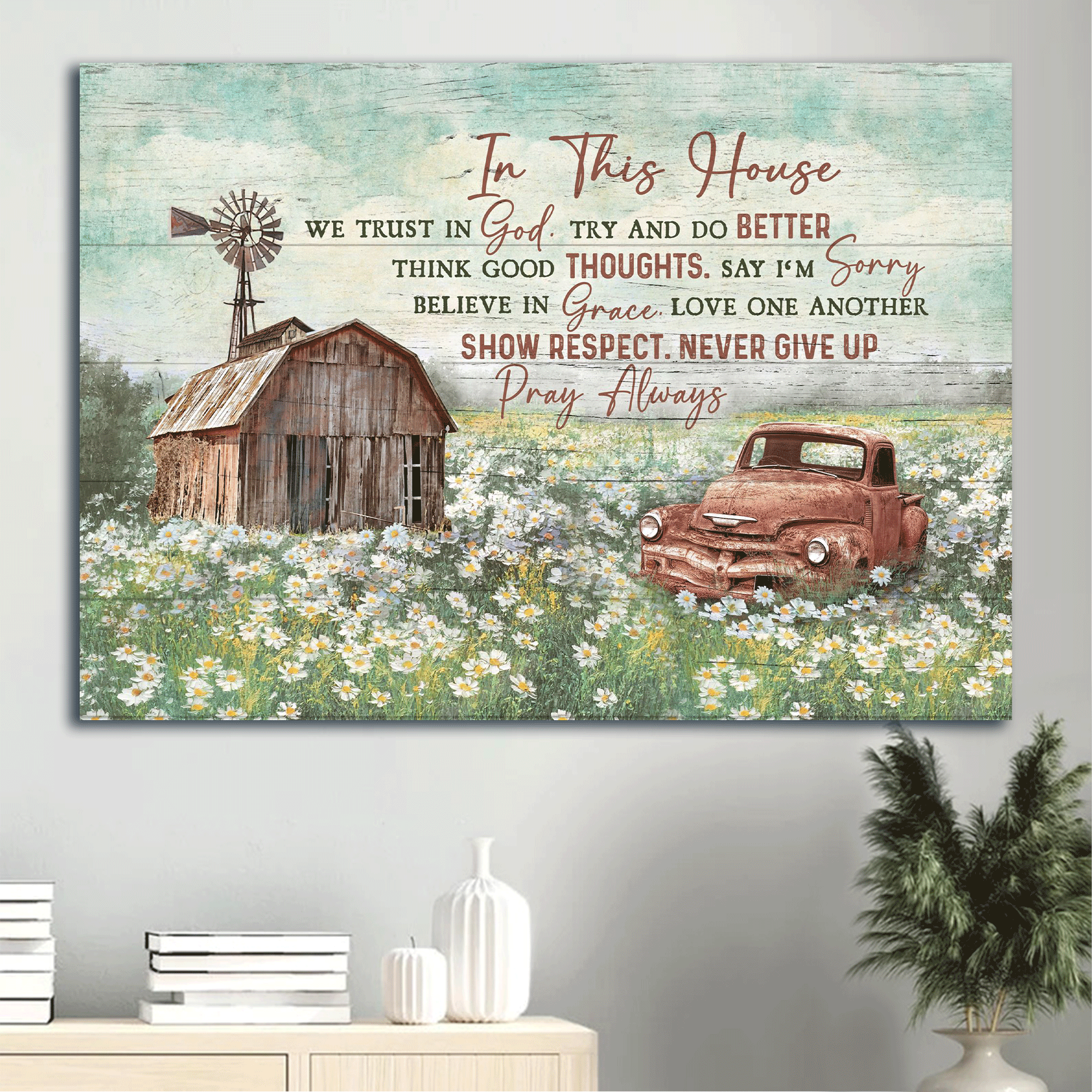 Jesus Landscape Canvas - Old barn painting, Daisy field Landscape Canvas - Gift For Christian - In this house we trust in God Landscape Canvas