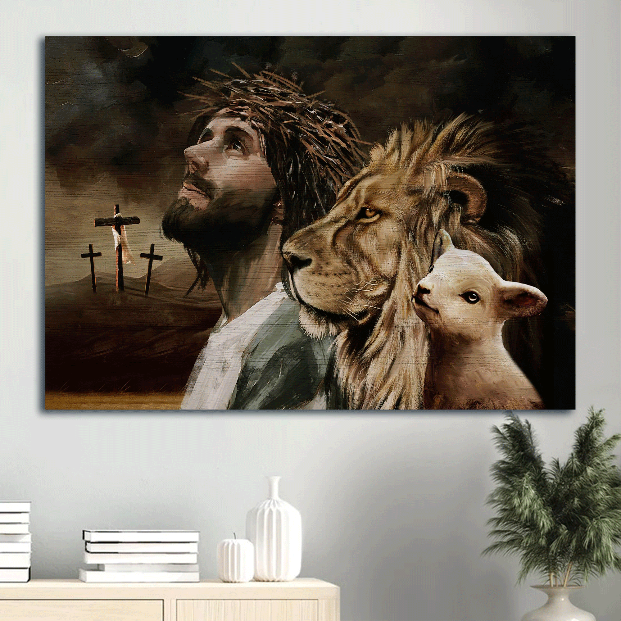 Jesus Landscape Canvas - The Lamb Of God, The Lion Of Judah, Jesus Christ, Cross Symbol Canvas - Gift For Christian