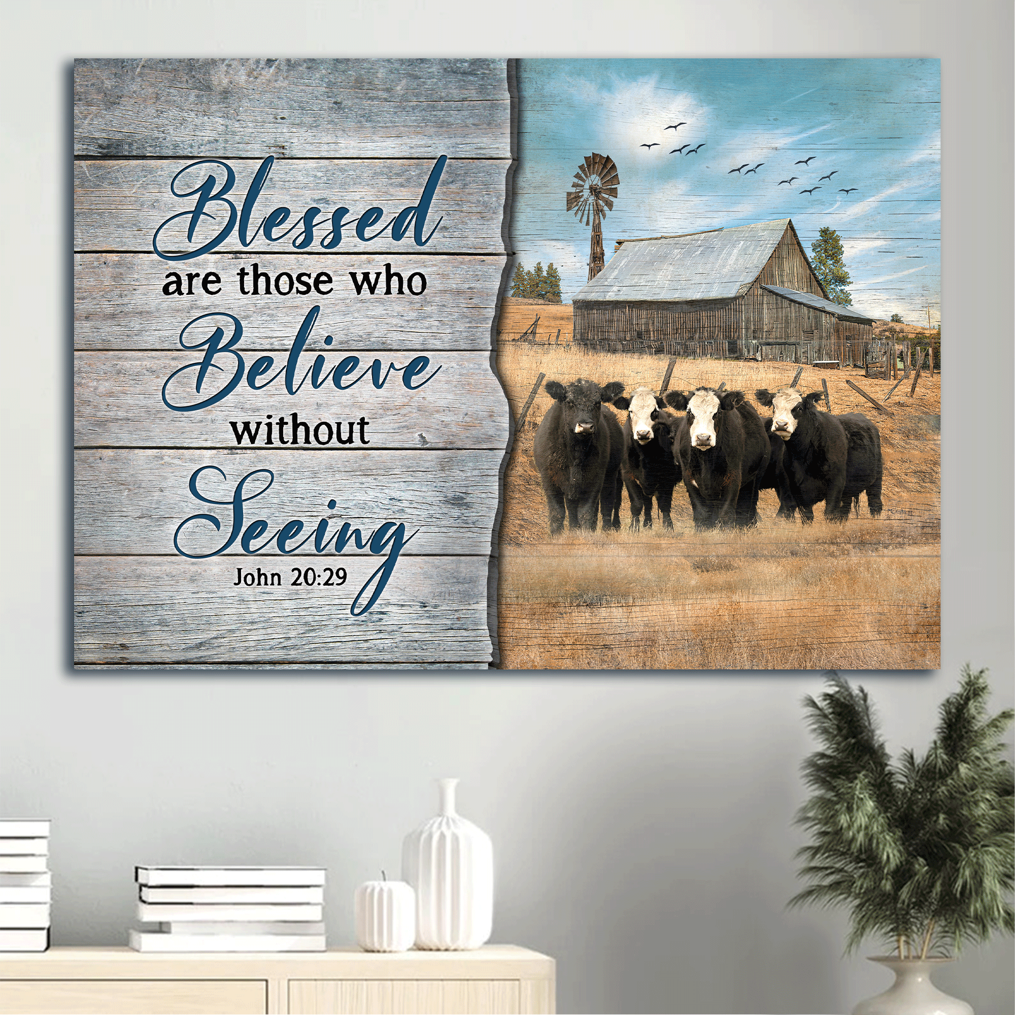 Jesus Landscape Canvas- Black cow, Rice field canvas- Gift for Christian- Blessed are those who believe without seeing - Landscape Canvas Prints, Christian Wall Art