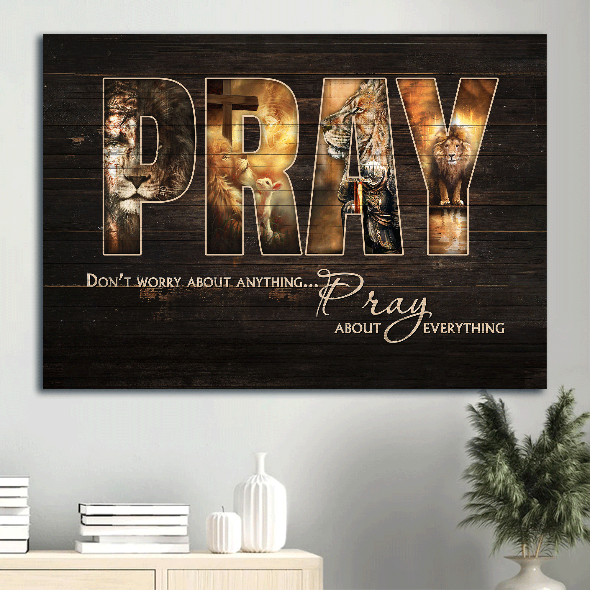 Jesus Landscape Canvas - Lion of Judah Canvas - Gift For Christian - Pray, Don't worry about anything, pray about everything Landscape Canvas