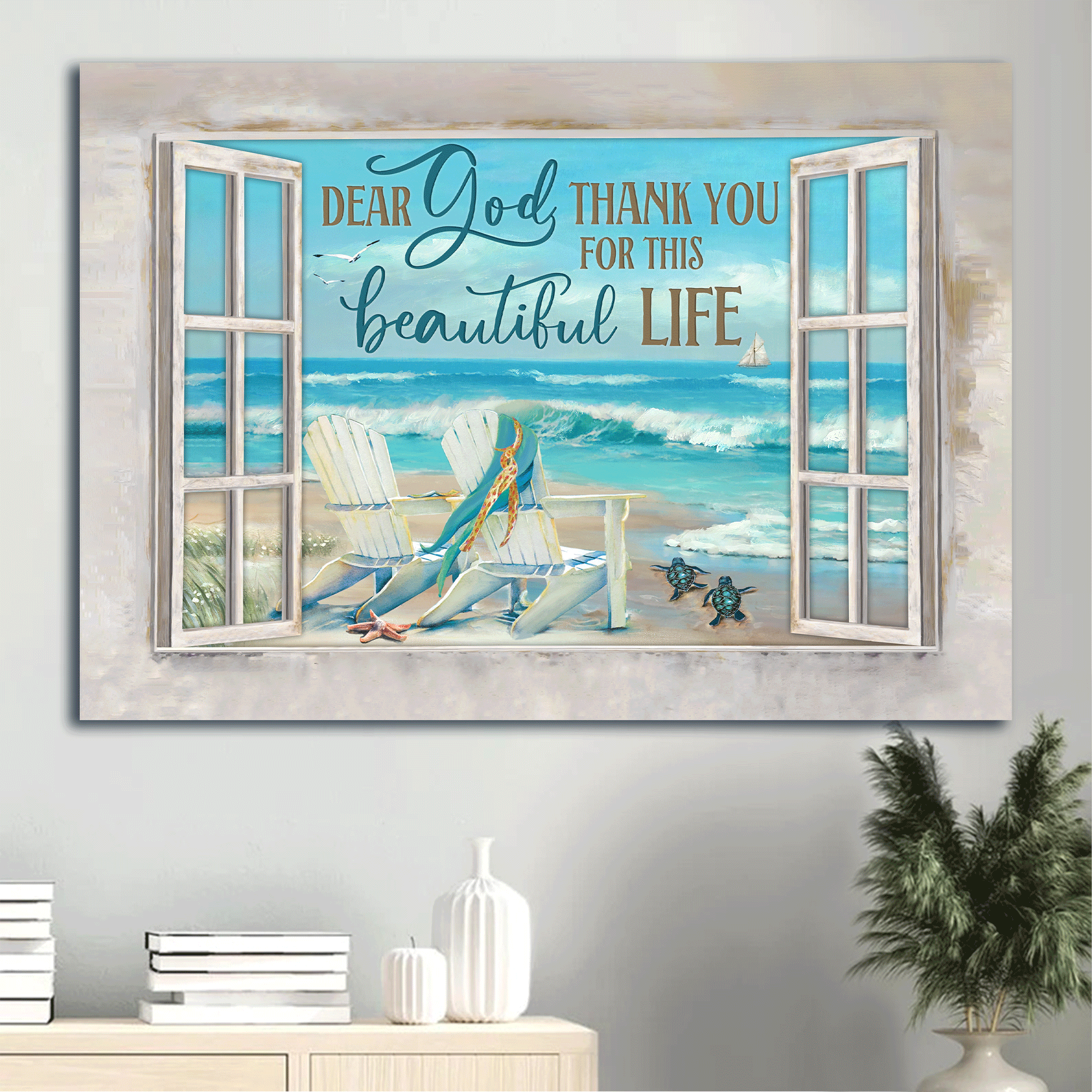 Jesus Landscape Canvas- Blue ocean drawing, White chairs, Turtle canvas- Gift for Christian- Thank you for this beautiful life - Landscape Canvas Prints, Christian Wall Art