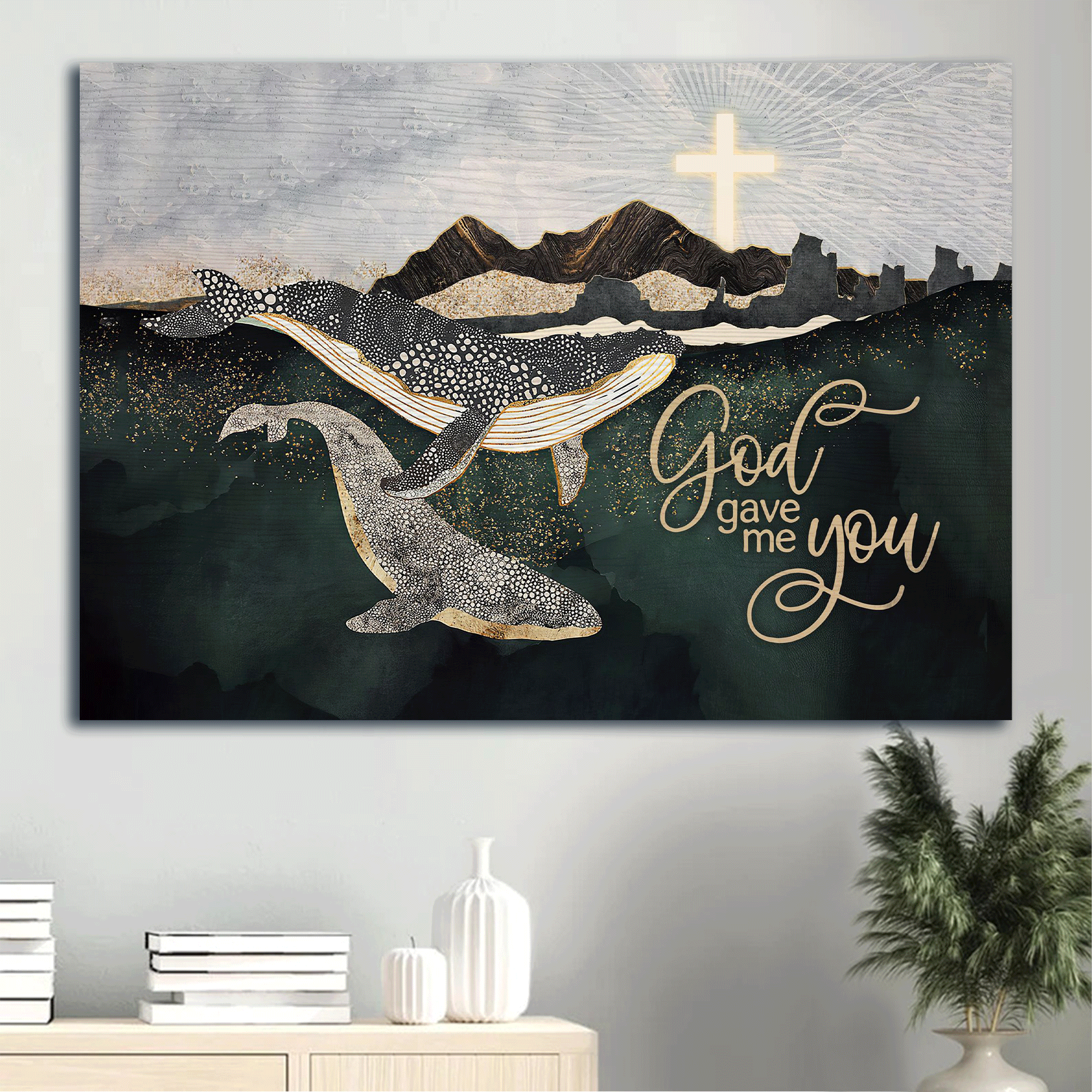 Jesus Landscape Canvas - Stunning Whale, Deep Ocean, Light Cross Canvas - Gift For Christian - God Gave Me You Canvas