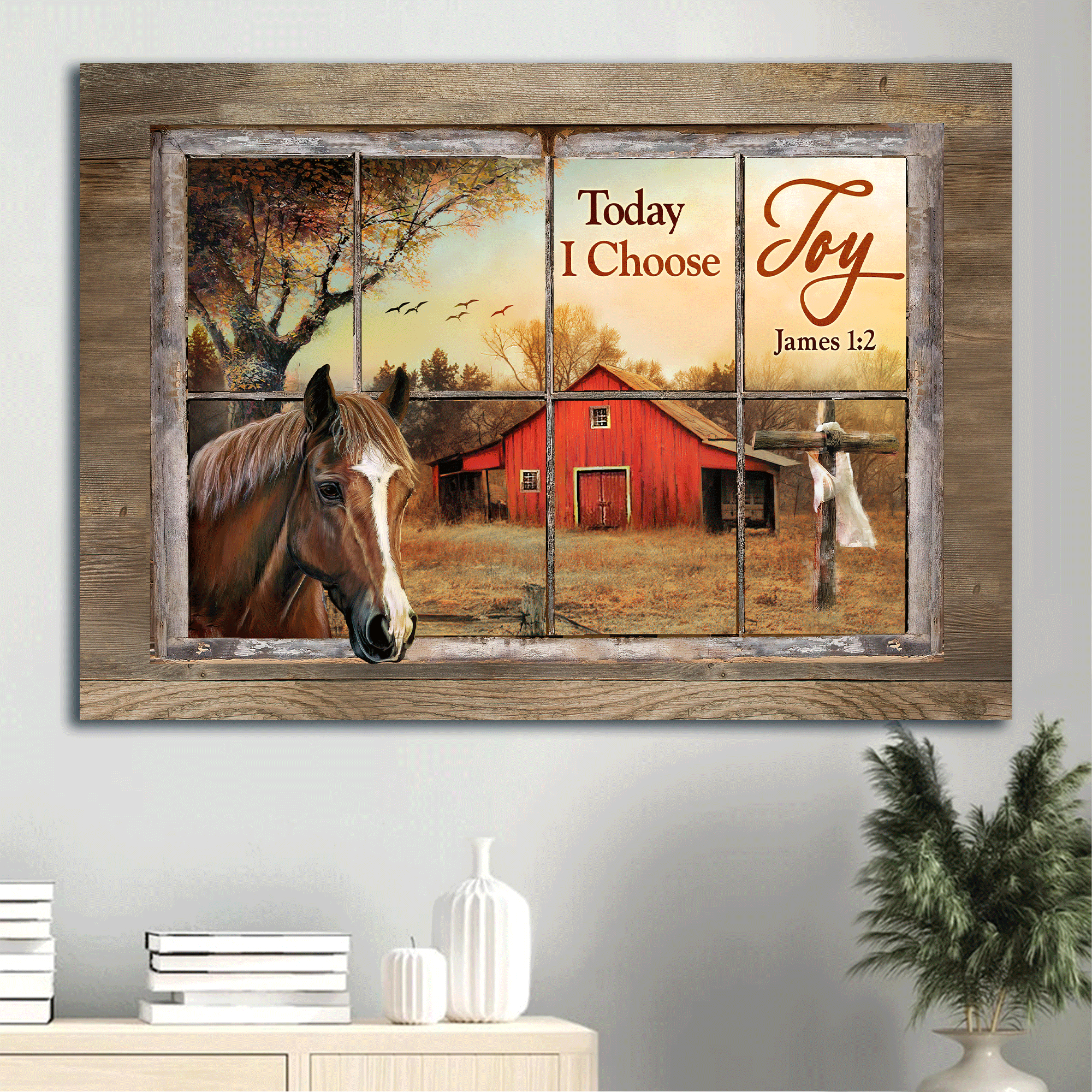 Jesus Landscape Canvas- Beautiful horse, Colorful sunset, Red house, Cross canvas- Gift for Christian- Today I choose joy