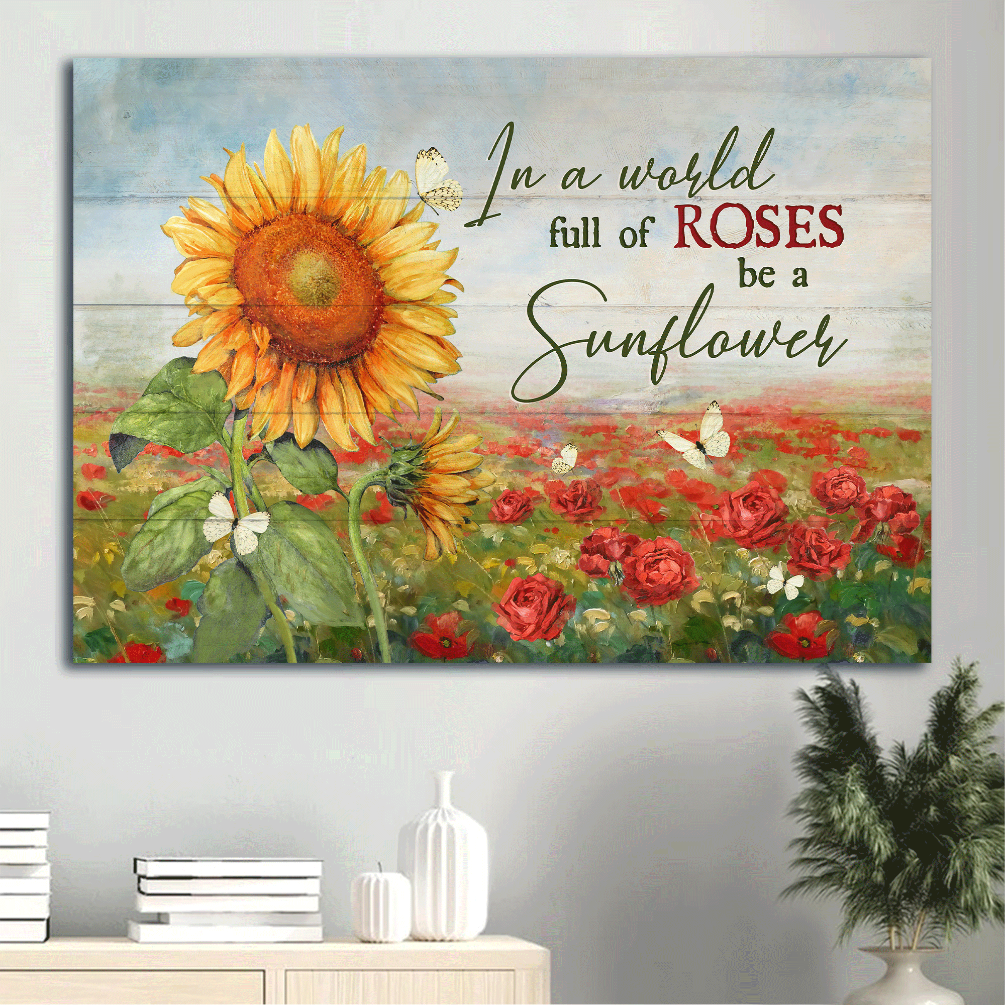 Jesus Landscape Canvas - Big sunflower, Red rose field Landscape Canvas - Gift For Christian - In a world full of roses be a sunflower Landscape Canvas