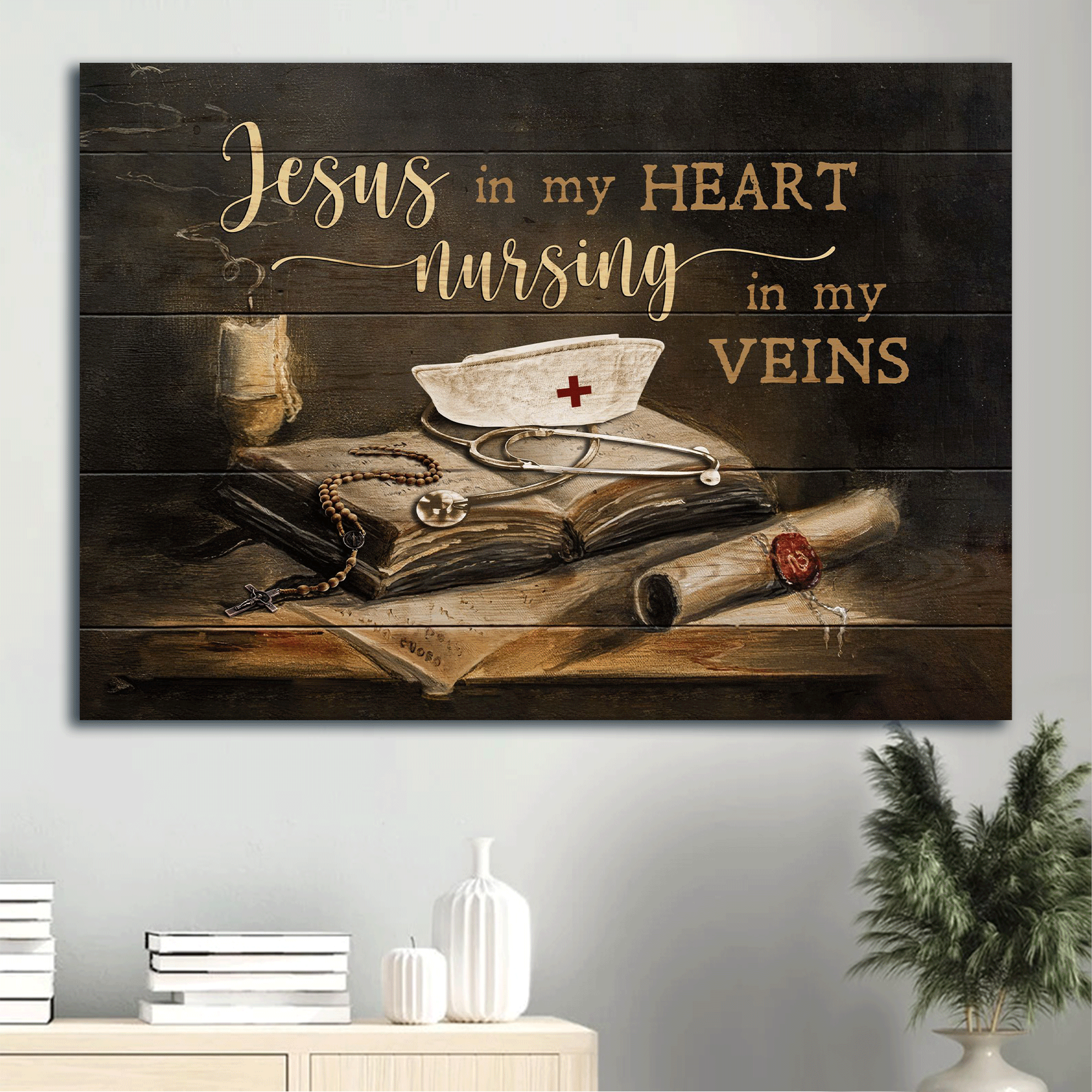 Jesus Landscape Canvas- Bible, Nurse, Cross canvas- Gift for Christian- Jesus in my heart nursing in my veins - Landscape Canvas Prints, Wall Art