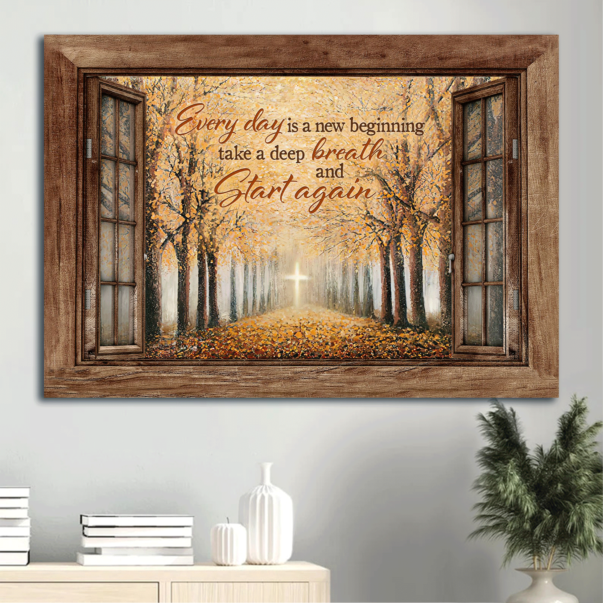 Jesus Landscape Canvas- Autumn Forest, Yellow Leaf, Golden Cross Landscape Canvas- Gift For Christian- Every Day Is A New Beginning