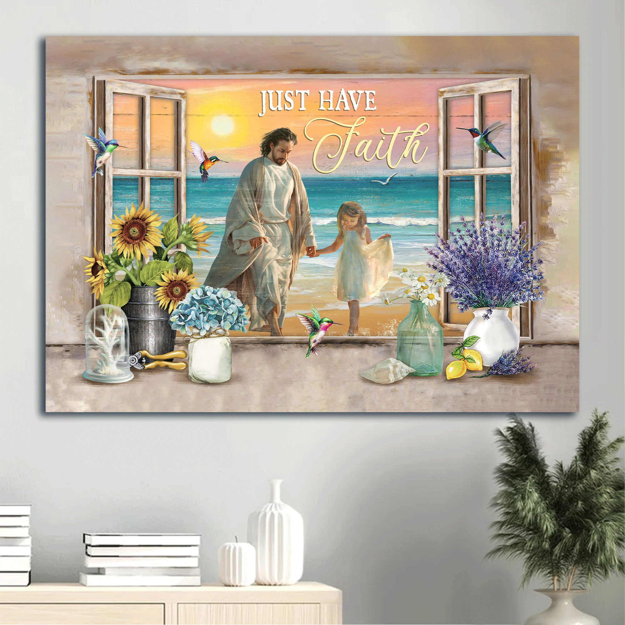 Jesus Landscape Canvas - Little girl, Jesus hold my hand, Ocean view, Landscape Canvas - Gift For Christian - Just have faith Landscape Canvas