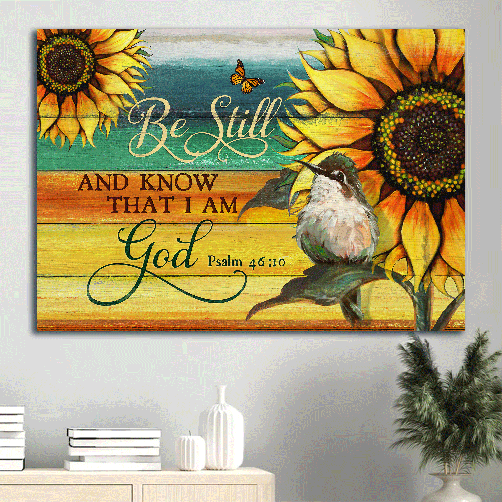 Jesus Landscape Canvas- Baby Hummingbird, Giant Sunflower Canvas- Gift For Christian- Be Still I Am God