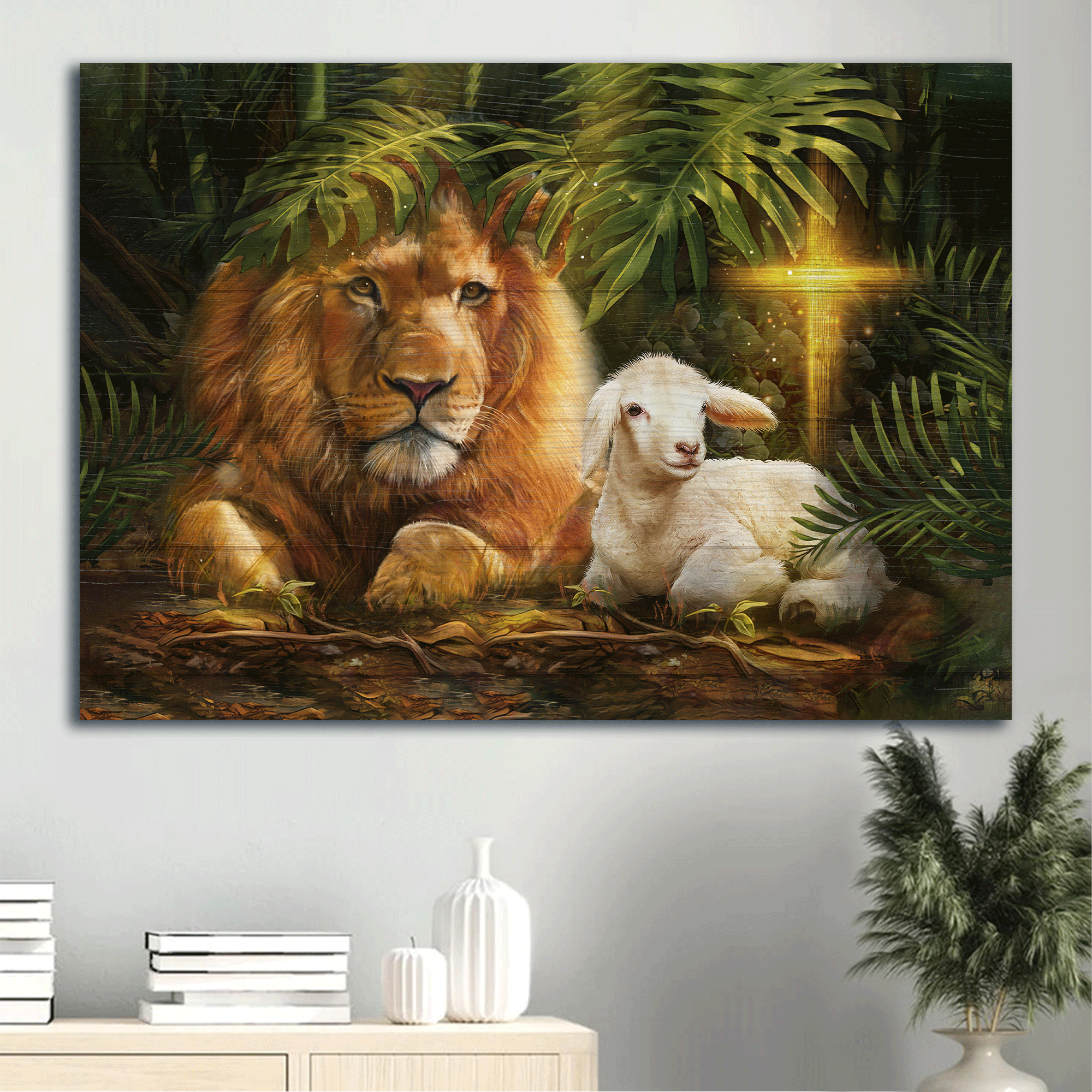 Jesus Landscape Canvas - Big lion king, Beautiful lamb, Unique cross, Lion of Judah, Lamb of God  Landscape Canvas - Gift For Christian Landscape Canvas