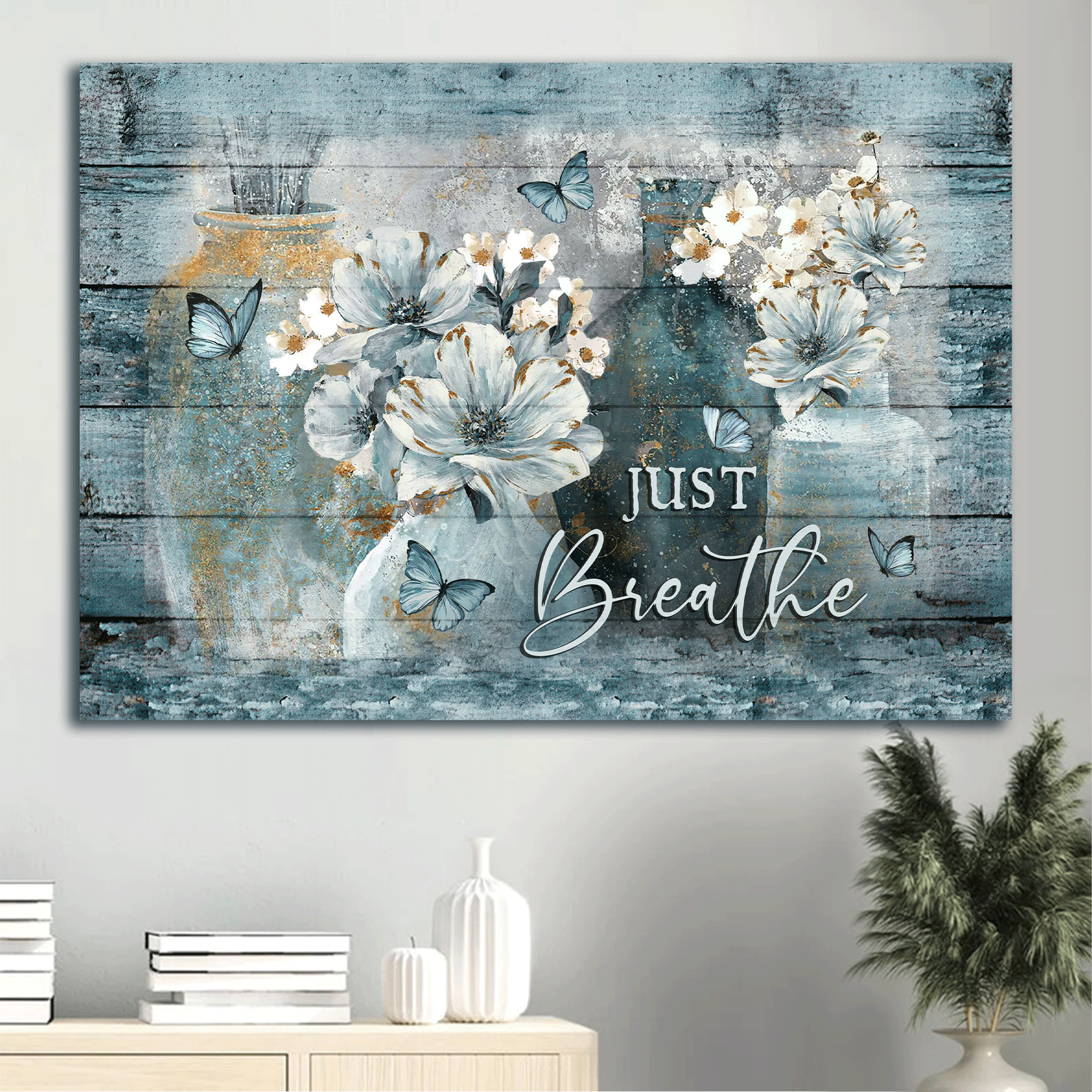 Jesus Landscape Canvas - Vintage Flower, Camellia Painting, Blue Butterfly Canvas - Gift For Christian - Just Breathe Canvas