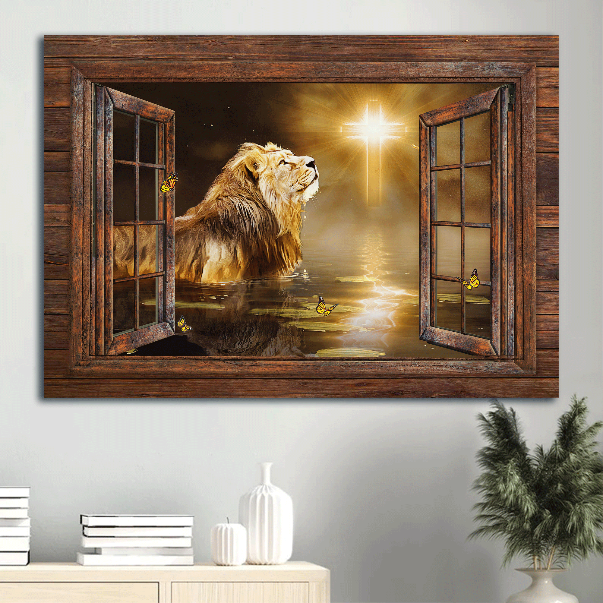 Jesus Landscape Canvas - Lion of Judah, Light cross, Magic lake, Beautiful night Landscape Canvas - Gift For Christian Landscape Canvas