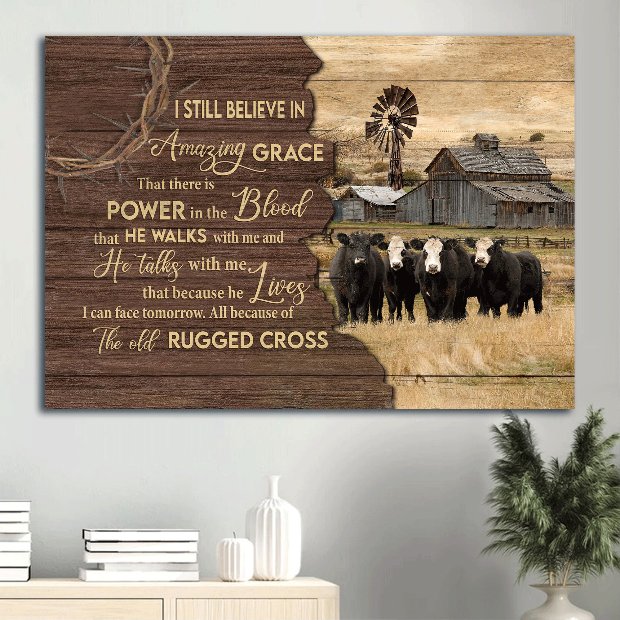 Jesus Landscape Canvas- Aberdeen Angus Canvas, Tranquil Farm Landscape Canvas- Gift For Religious Christian- The Old Rugged Cross