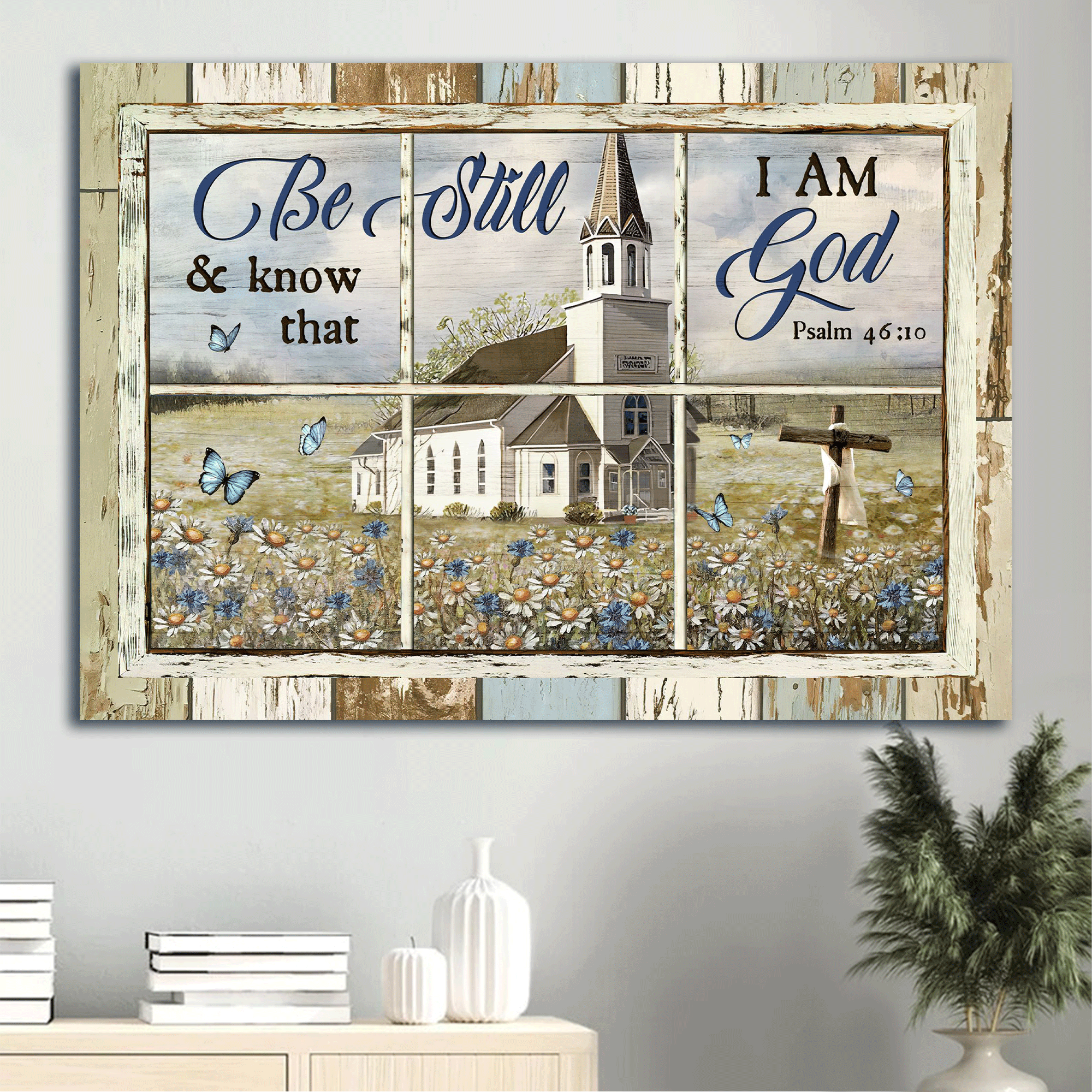 Jesus Landscape Canvas - Beautiful Church, Daisy Garden, Old Ruggred Cross, Landscape Canvas - Gift For Christian - Be Still And Know That I Am God