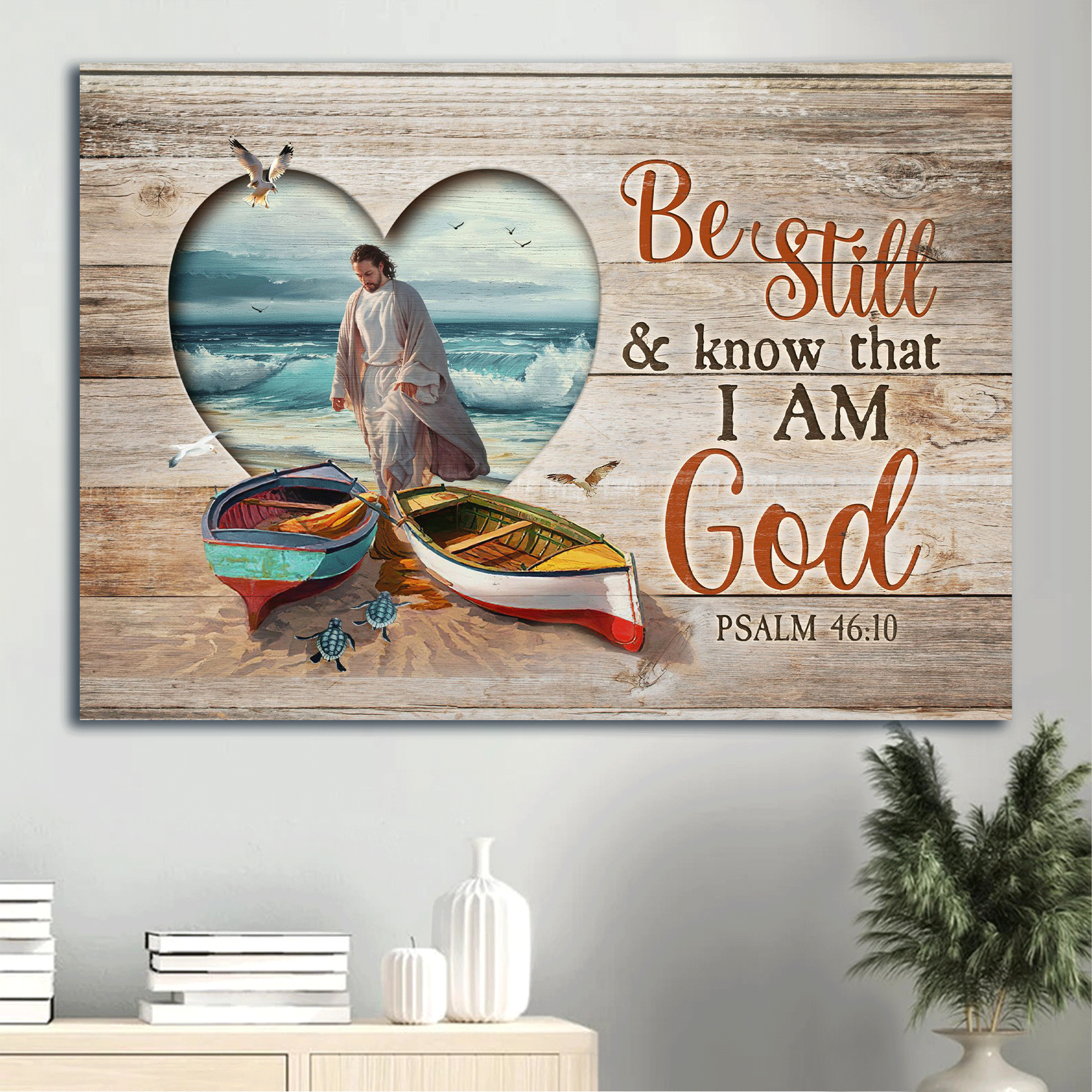 Jesus Landscape Canvas - Colorful Boat, Jesus Walking On Water, Blue Sea Turtle, Albatross, Heart Landscape Canvas - Gift For Christian - Be Still And Know That I Am God