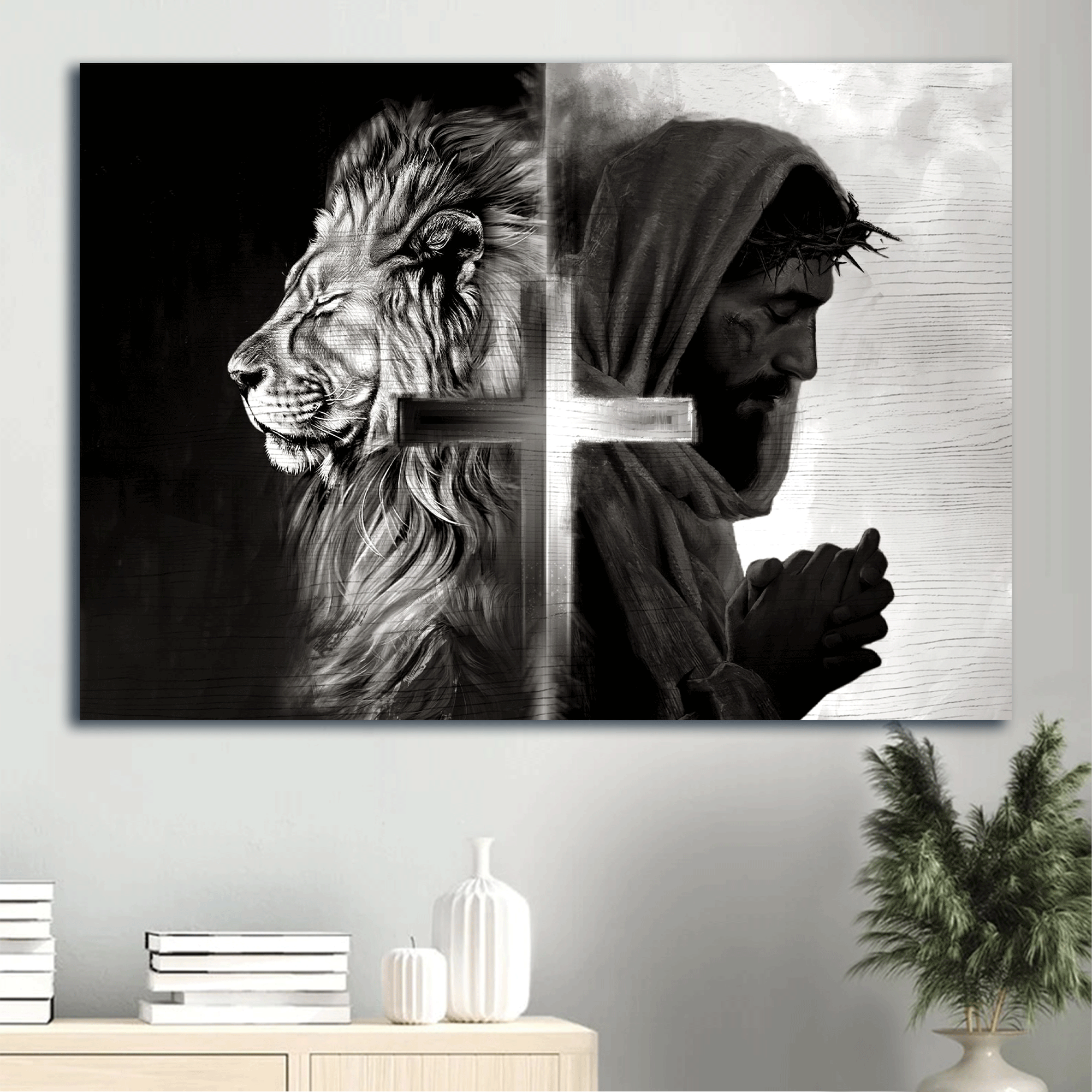 Jesus Landscape Canvas- Black and white painting, Lion of Judah, Pray for healing- Gift for Christian- Landscape Canvas Prints, Christian Wall Art