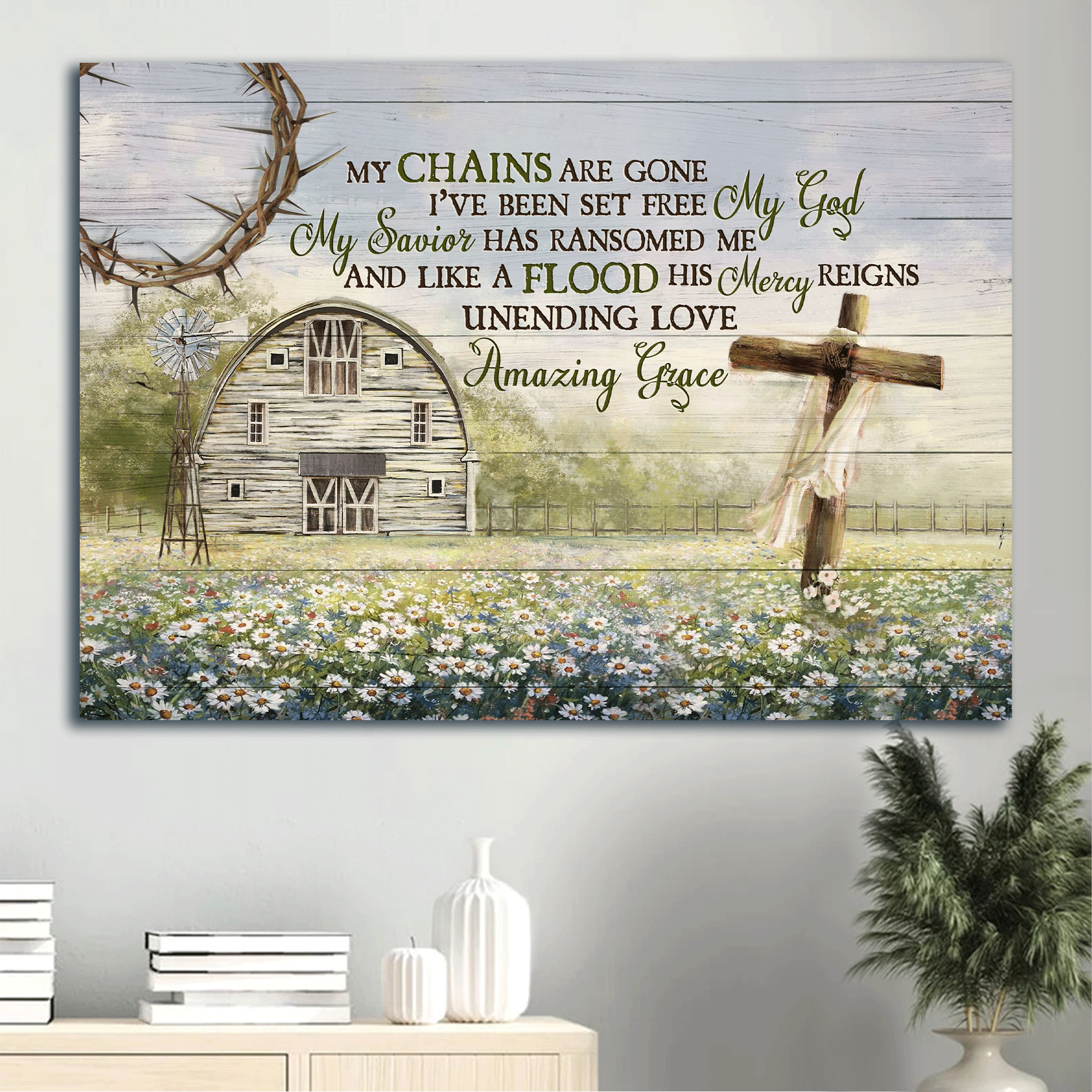 Jesus Landscape Canvas- Daisy field, Wooden Cross, Tranquil farm, Windmill canvas- Gift for Christian- My chains are gone, I've been set free