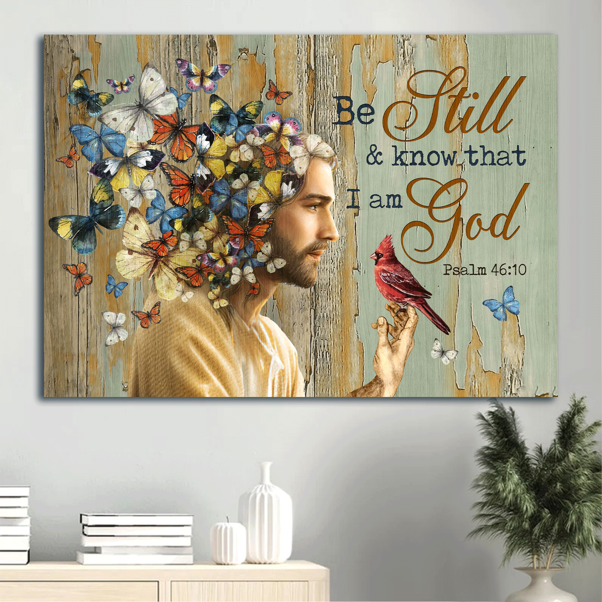 Jesus Landscape Canvas - Colorful Butterfly, The Real Face Of Jesus, Red Cardinal Landscape Canvas - Gift For Christian - Be Still And Know That I Am God Landscape Canvas