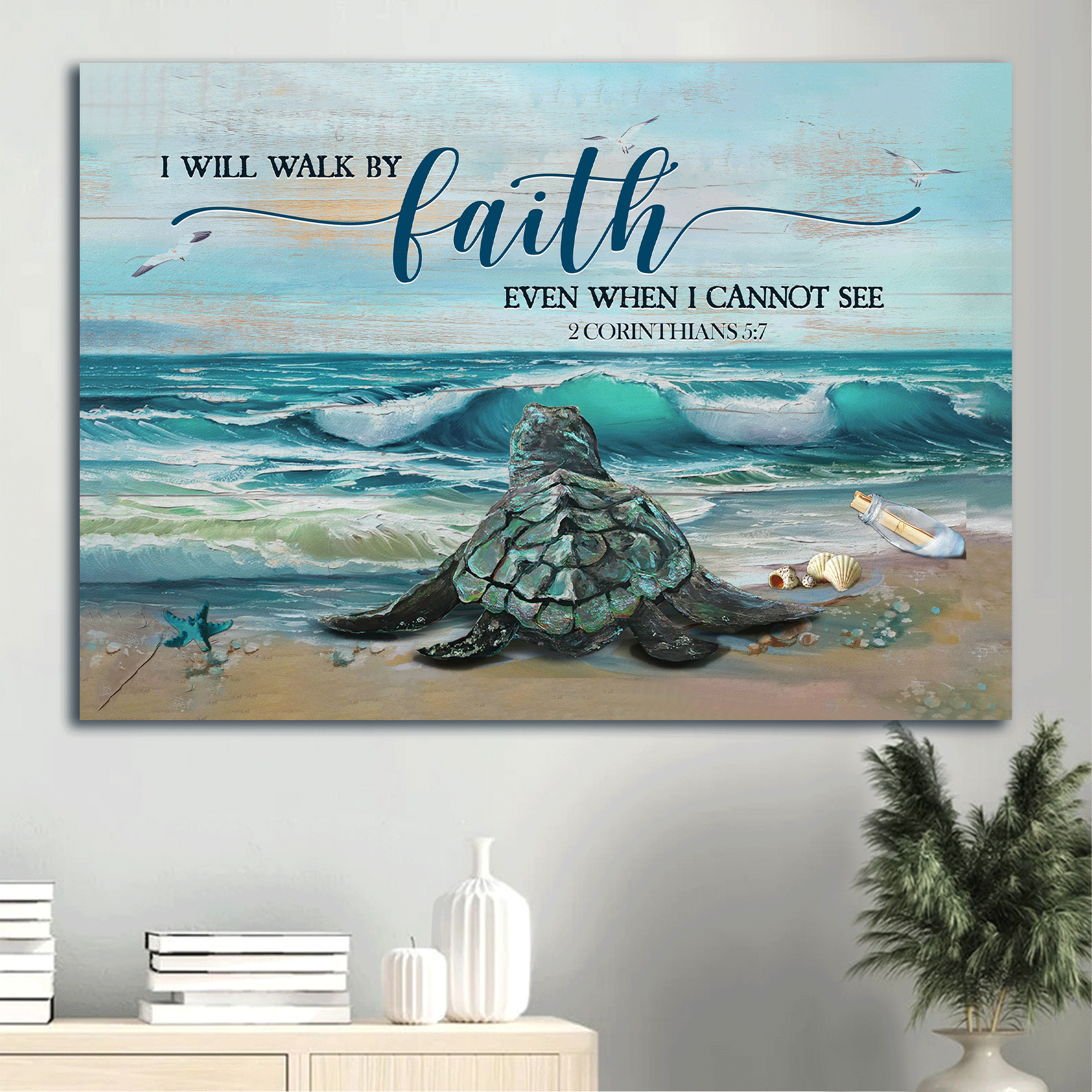 Jesus Landscape Canvas - Big sea turtle, Blue ocean drawing, Seagull Landscape Canvas - Gift For Christian - I will walk by faith even when I cannot see