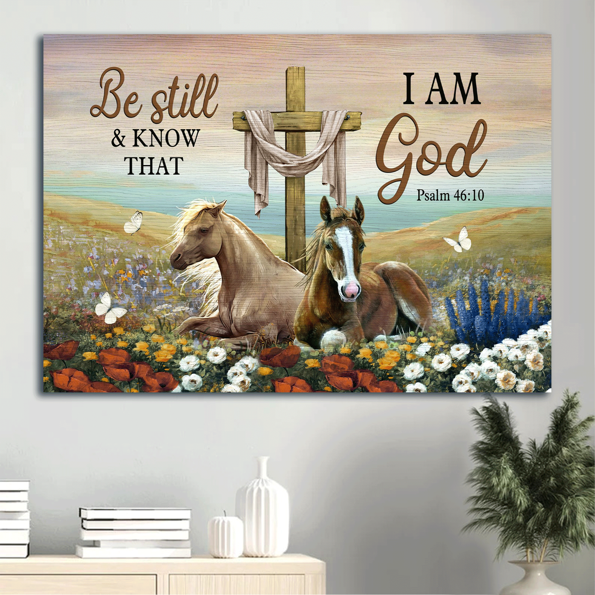 Jesus Landscape Canvas- Beautiful horses, Old rugged cross, Flower field canvas- Gift for Christian- Be still and know that I am God