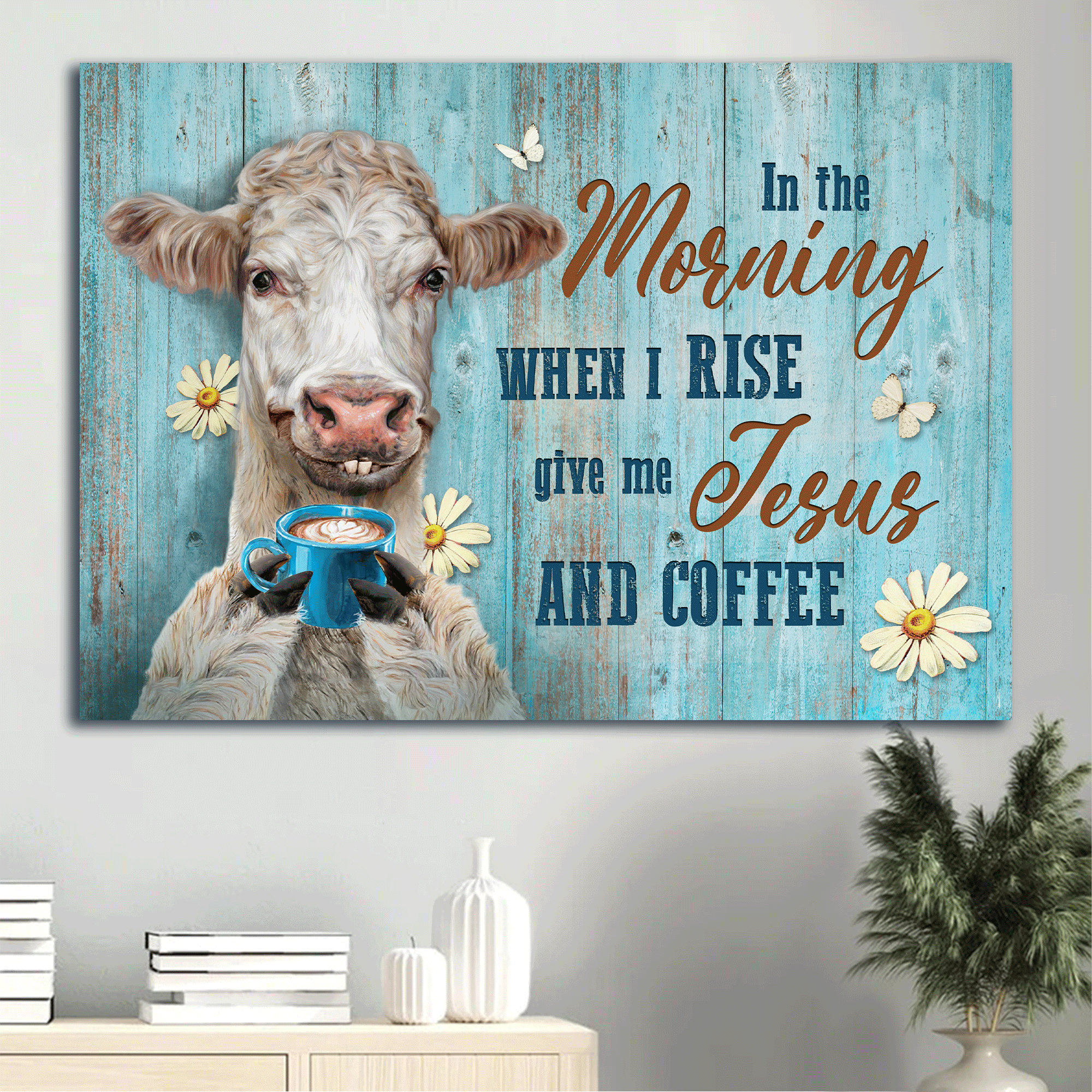 Jesus Landscape Canvas - Funny cow, Awesome coffeeholic, Lovely daisy Landscape Canvas - Gift For Christian - Give me Jesus and coffee Landscape Canvas