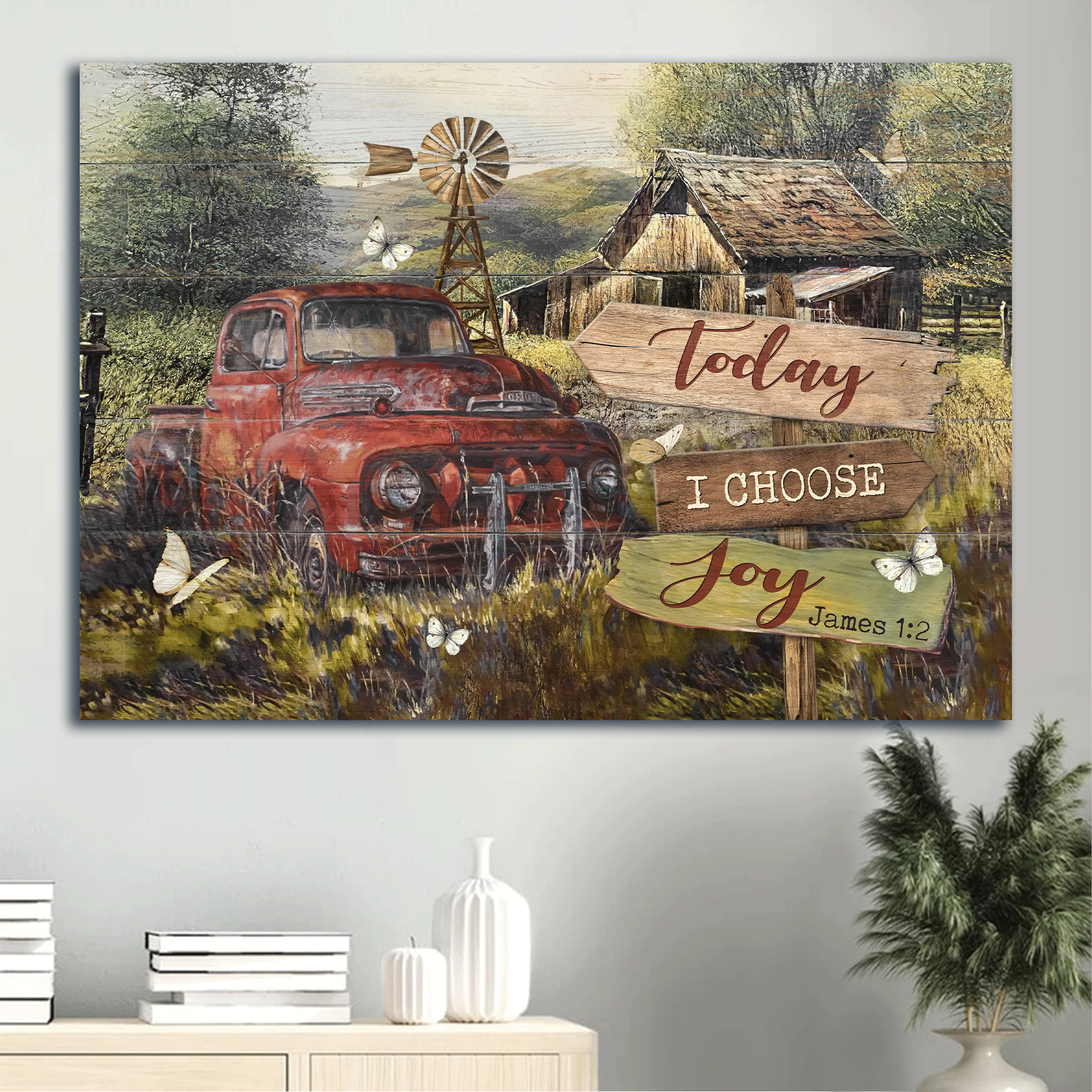 Jesus Landscape Canvas - Watercolor Ladybug Car, Old Barn, Windmill Canvas - Gift For Christian - Today I Choose Joy Canvas