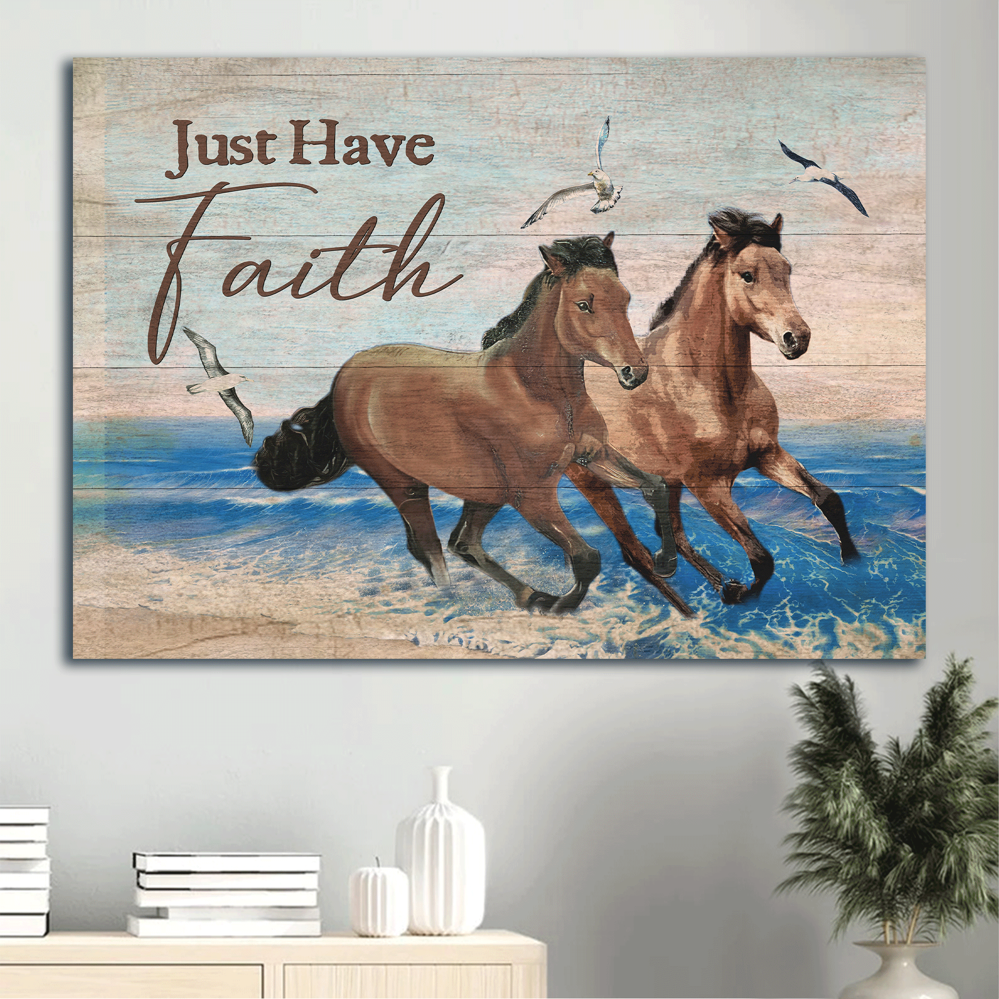 Jesus Landscape Canvas- Blue ocean, Running horses, Seagull, Just have faith canvas- Gift for Christian - Landscape Canvas Prints, Christian Wall Art