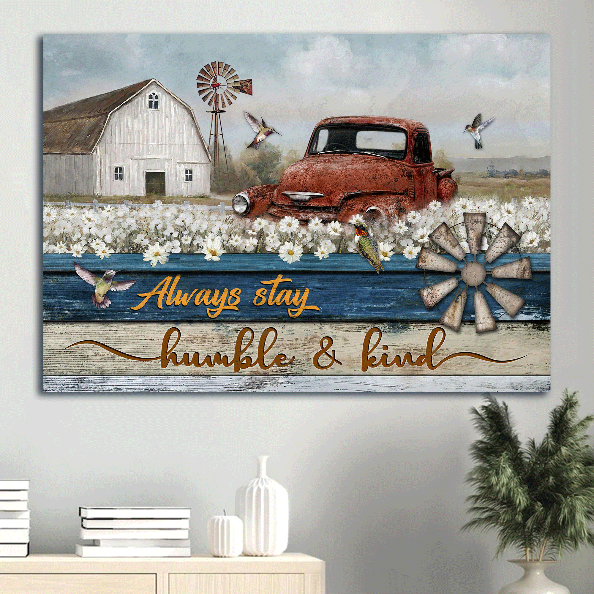 Jesus Landscape Canvas - Beautiful daisy field, Old ladybug car Landscape Canvas - Gift For Christian - Always stay humble and kind