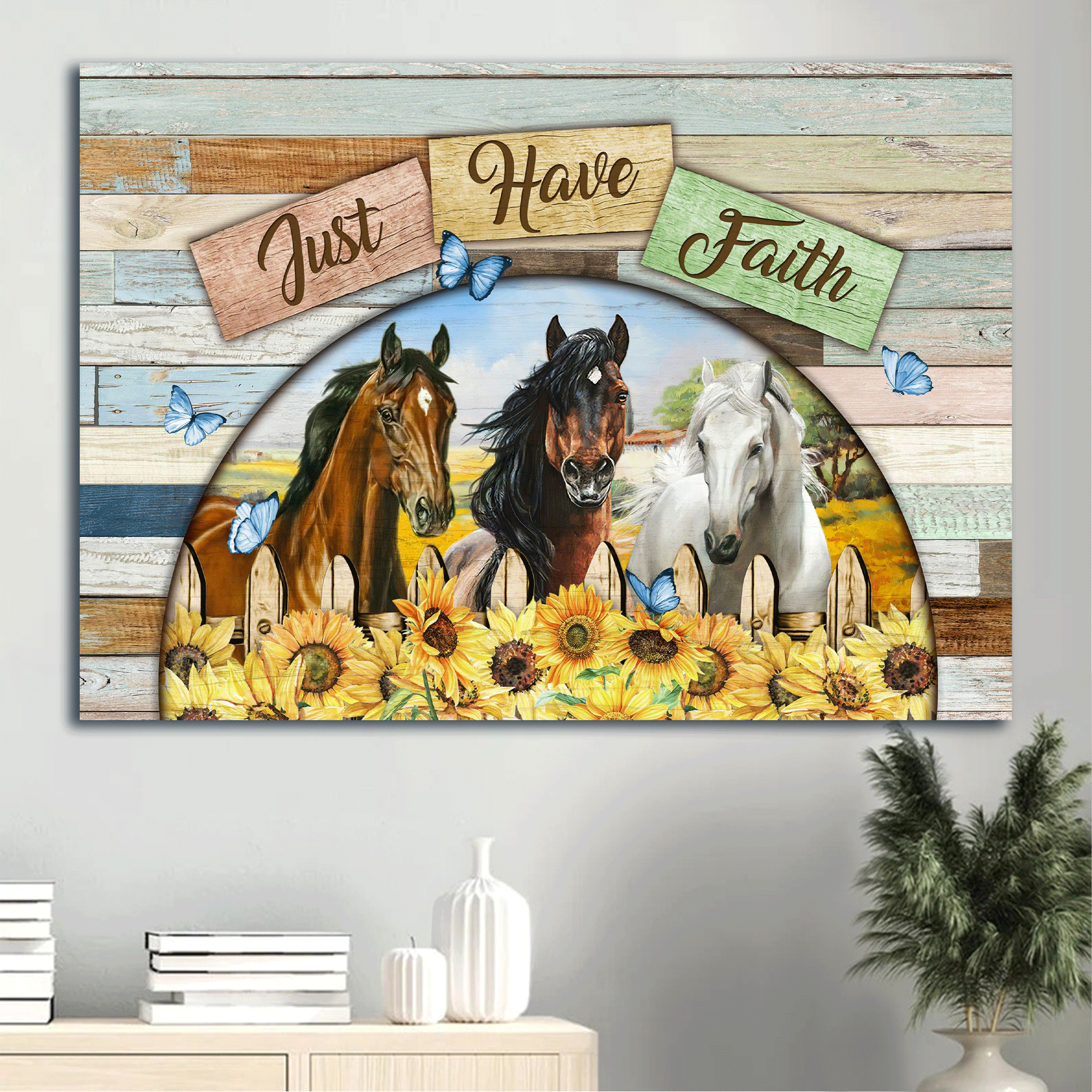 Jesus Landscape Canvas- Beautiful horses, Half circle mirror, Sunflower garden canvas- Gift for Christian- Just have faith