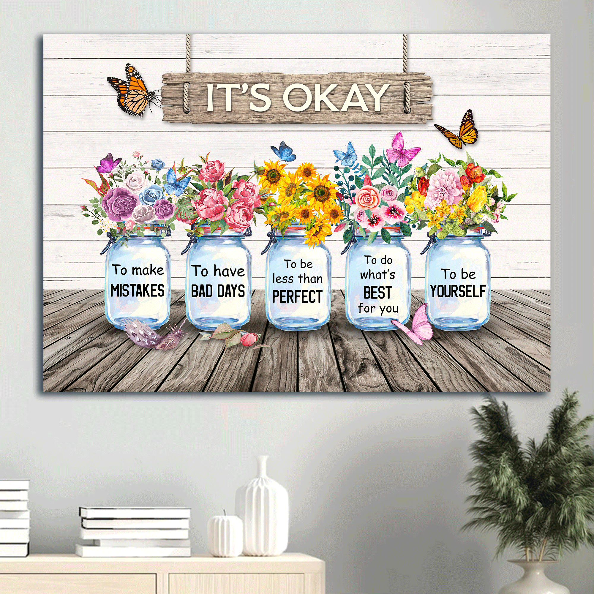 Jesus Landscape Canvas - Garden flower, Mason jars, Flower painting Landscape Canvas - Gift For Christian - It's okay to be yourself