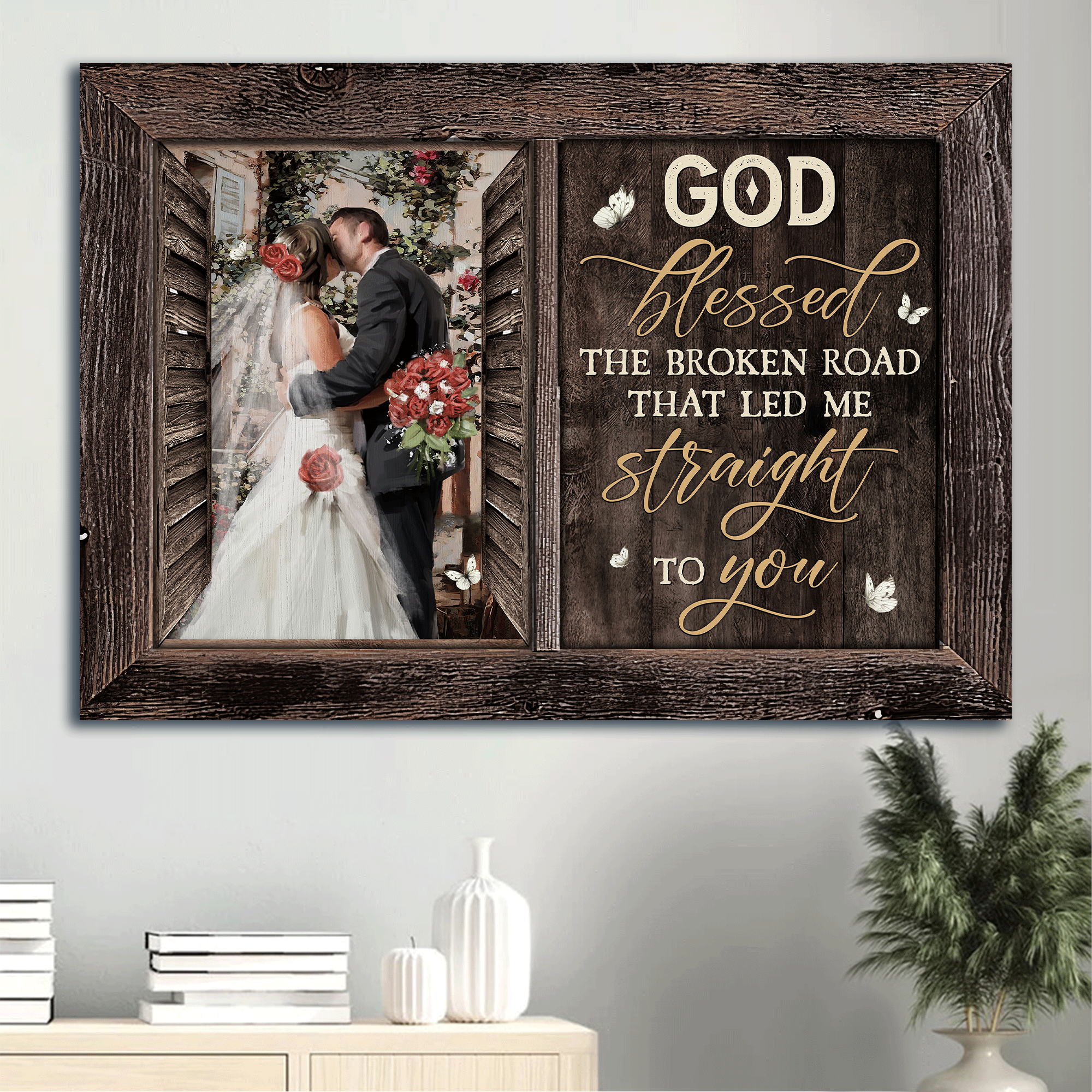 Jesus Landscape Canvas - Beautiful couple, Happy wedding, Red rose Landscape Canvas - Gift For Christian - God blessed the broken road