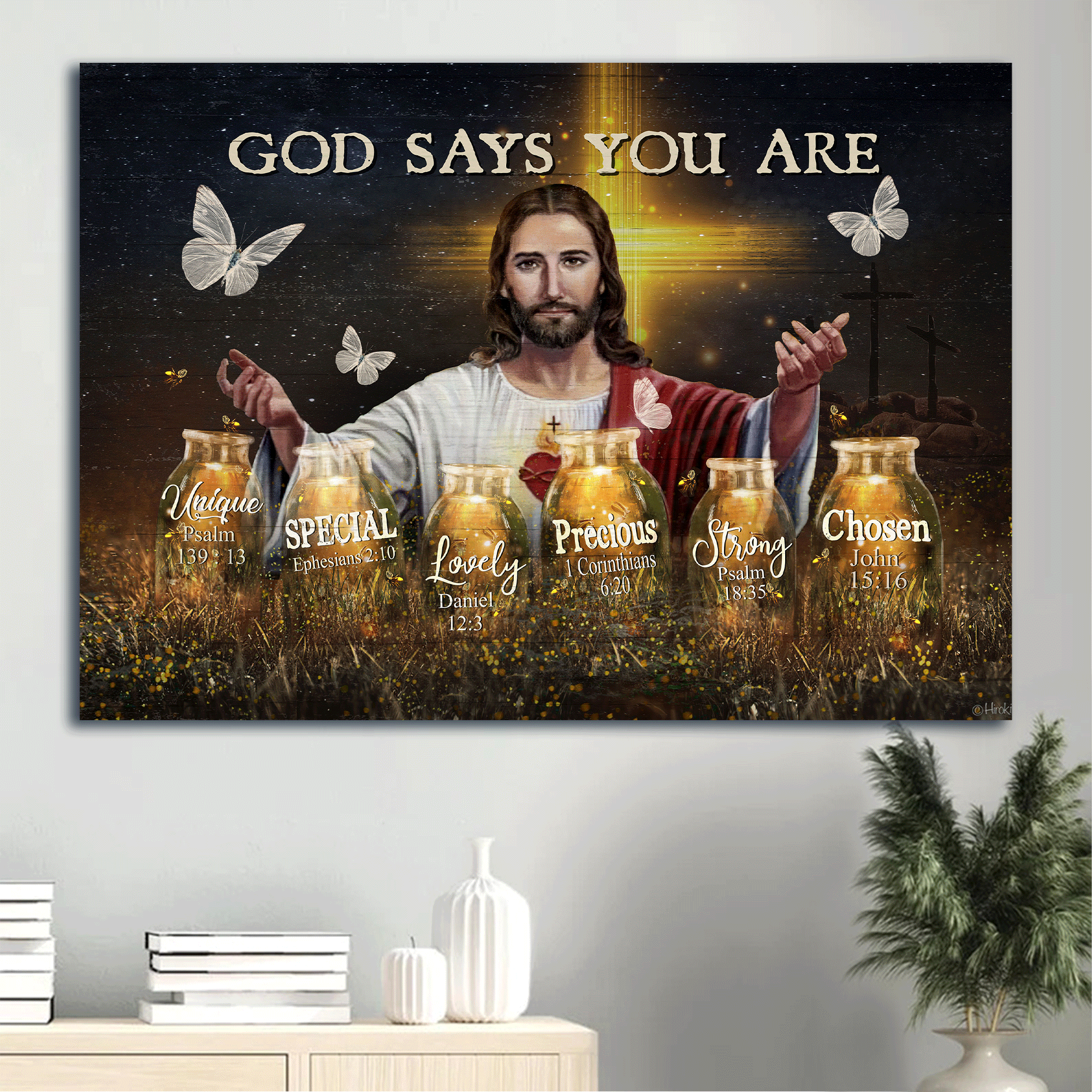 Jesus Landscape Canvas - The Real Face Of Jesus, Pretty Firefly, Crystal Butterfly Canvas - Gift For Christian - God Says You Are Unique Canvas