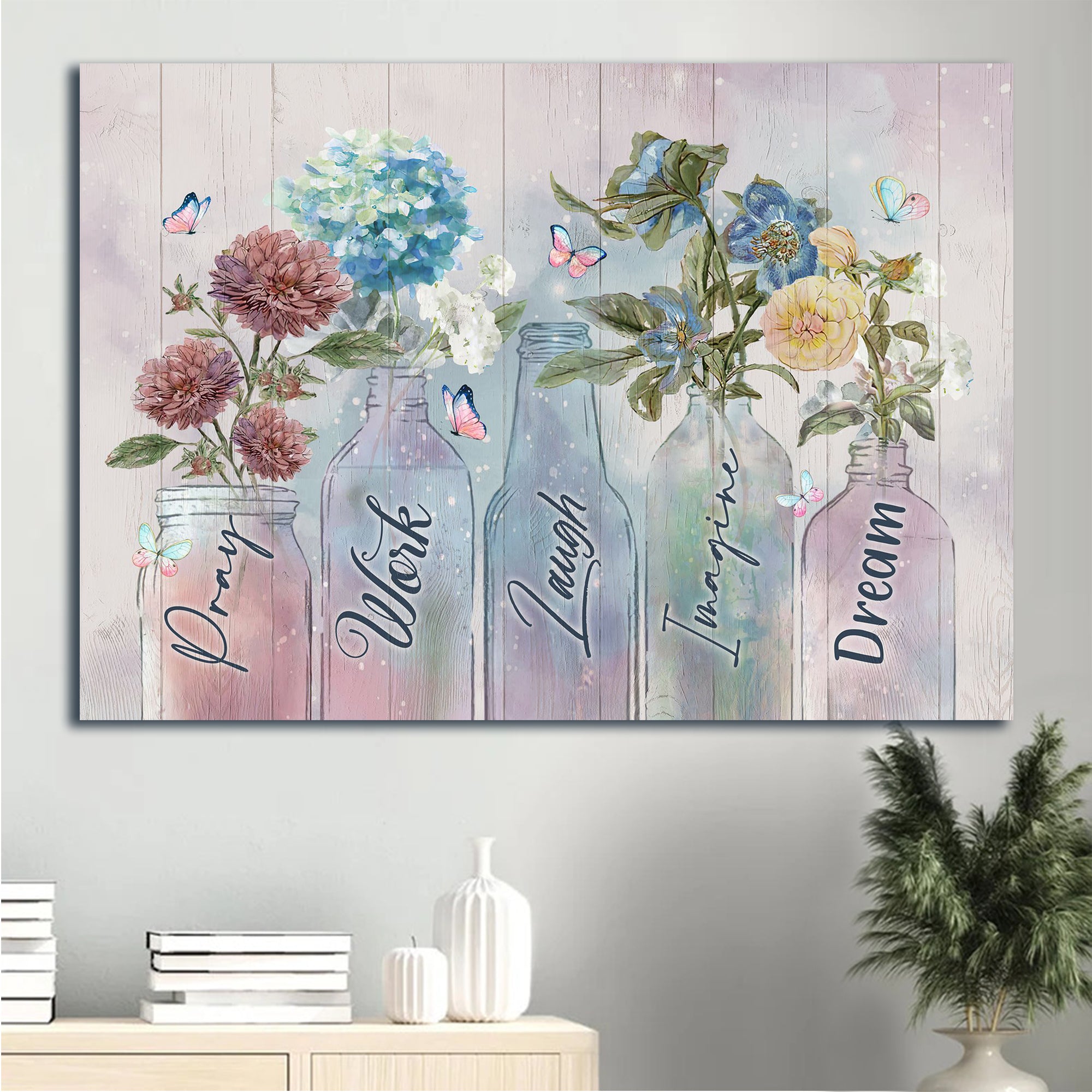 Jesus Landscape Canvas - Blue hydrangea, Red chrysanthemum, Dream color Landscape Canvas - Gift For Christian - Pray work laugh Landscape Canvas