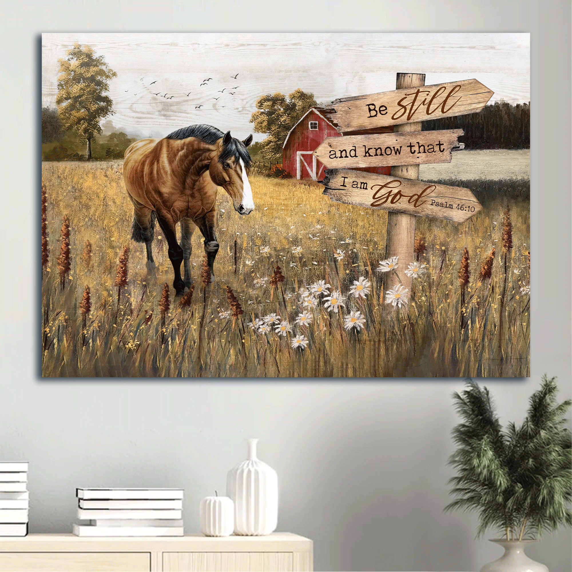 Jesus Landscape Canvas - Horse painting, Countryside landscape, Red barn house canvas- Gift for Christian- Be still and know that I am God - Landscape Canvas Prints, Christian Wall Art