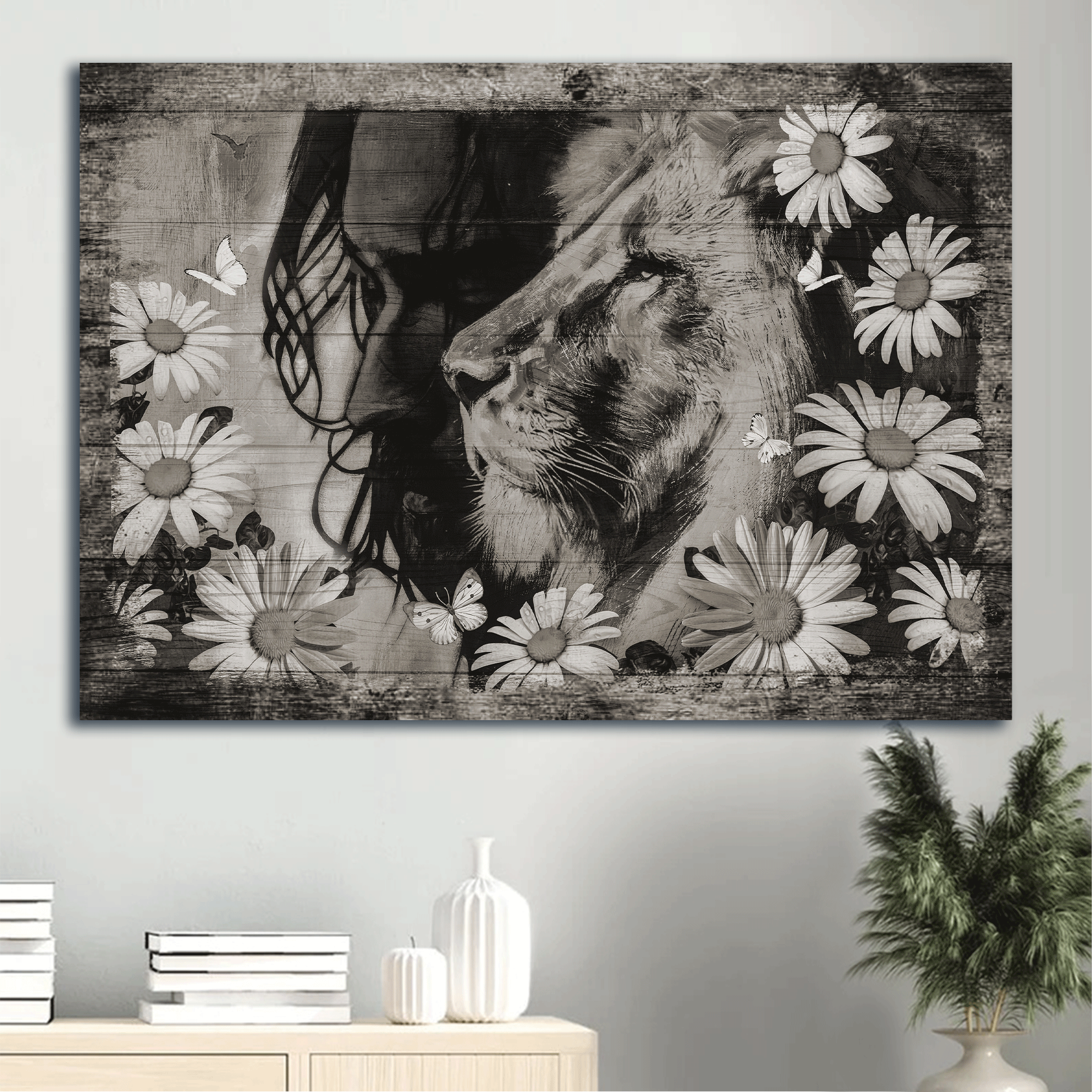 Jesus Landscape Canvas- Black and white painting, Watercolor lion, Stunning daisy canvas- Gift for Christian - Landscape Canvas Prints, Home Decor Wall Art