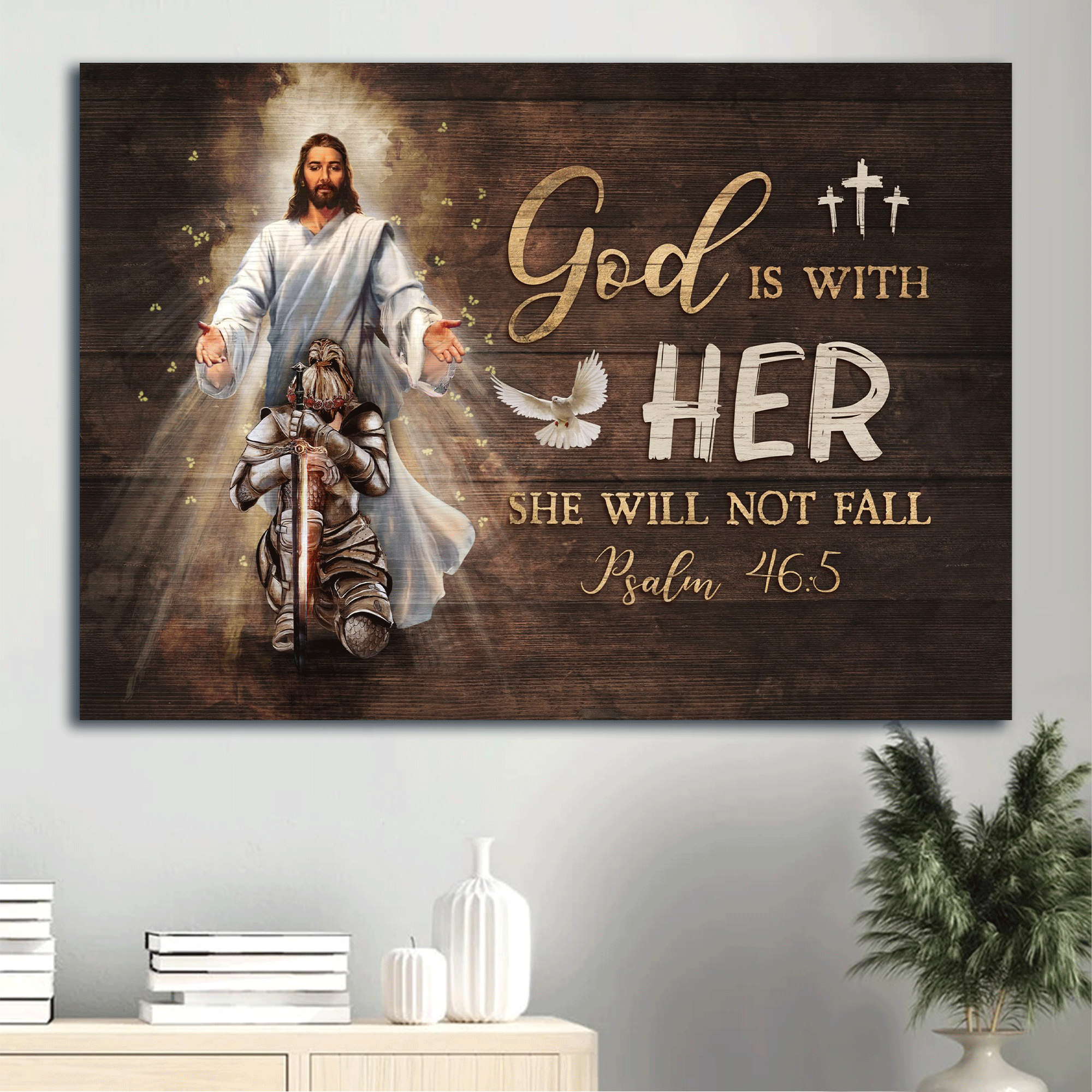 Jesus Landscape Canvas - Walking With Jesus, Warrior Drawing, Dove Canvas - Gift For Christian - God Is With Her Canvas