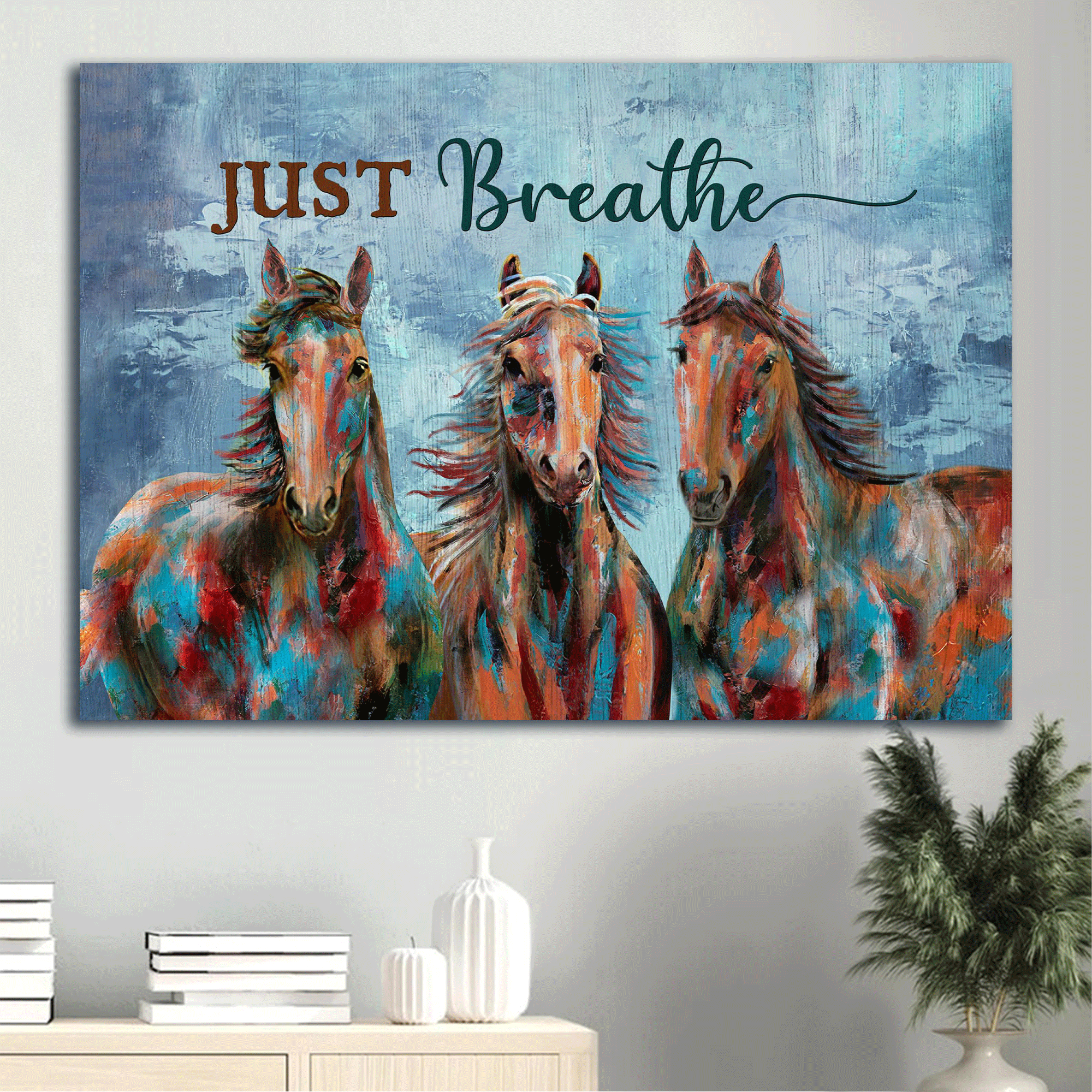 Jesus Landscape Canvas- Blue background, Horse drawing, Just breathe canvas- Gift for Christian- Landscape Canvas Prints, Christian Wall Art