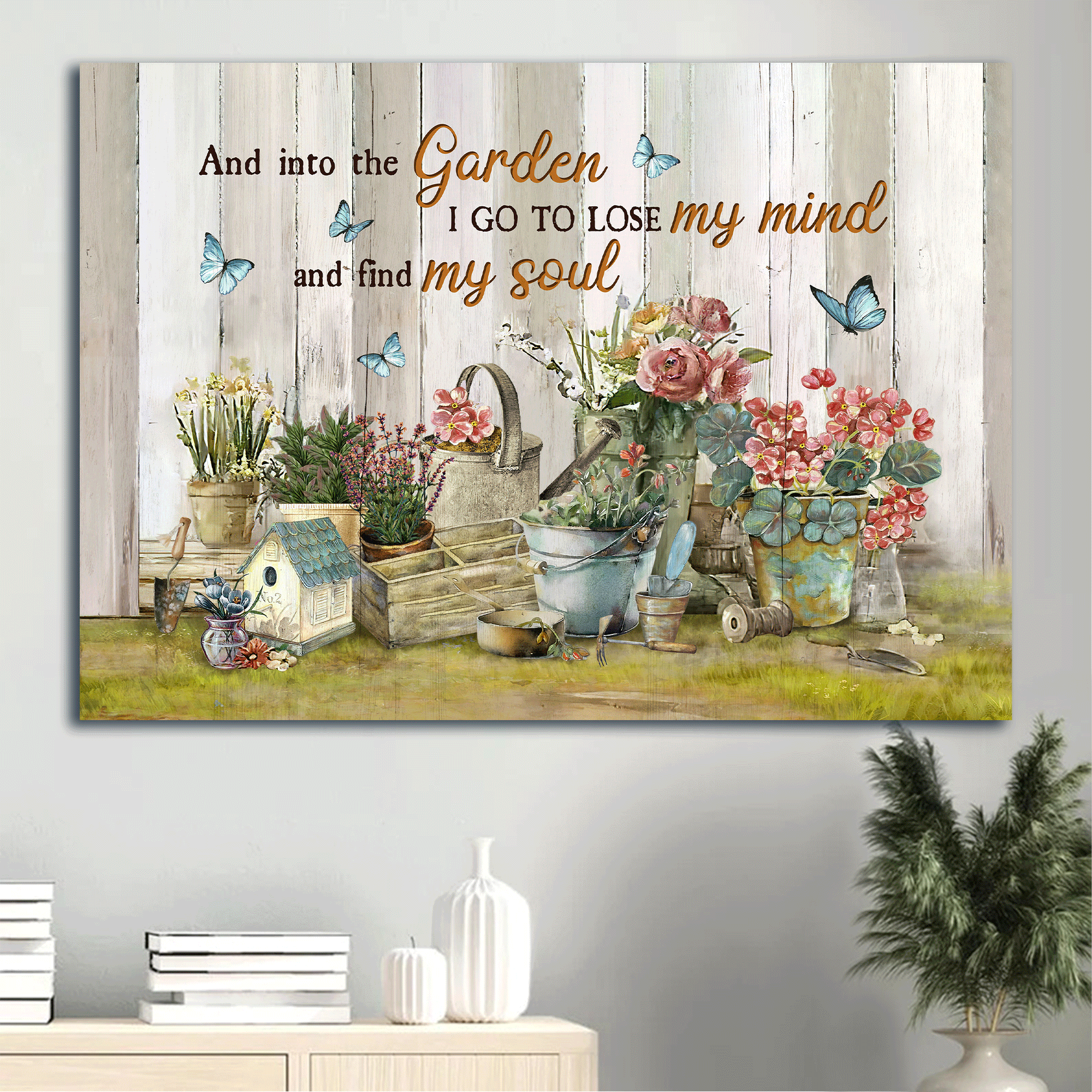 Jesus Landscape Canvas- Beautiful flower, Flower pots, Blue butterfly canvas- Gift for Christian- Into the garden find my soul