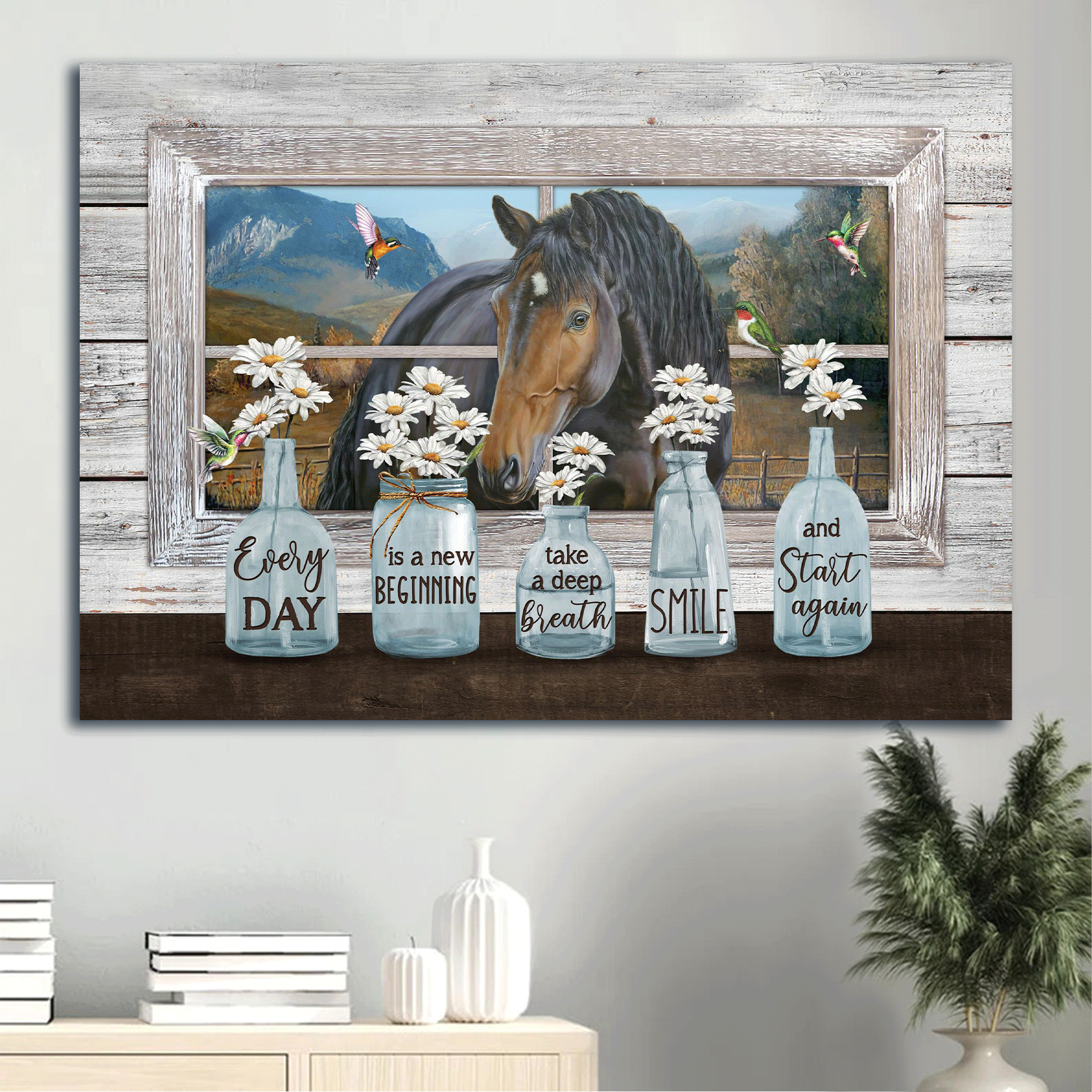 Jesus Landscape Canvas- Baby Daisy Vase, Quarter Horse, Hummingbird Canvas- Gift For Christian- Every Day Is A New Beginning