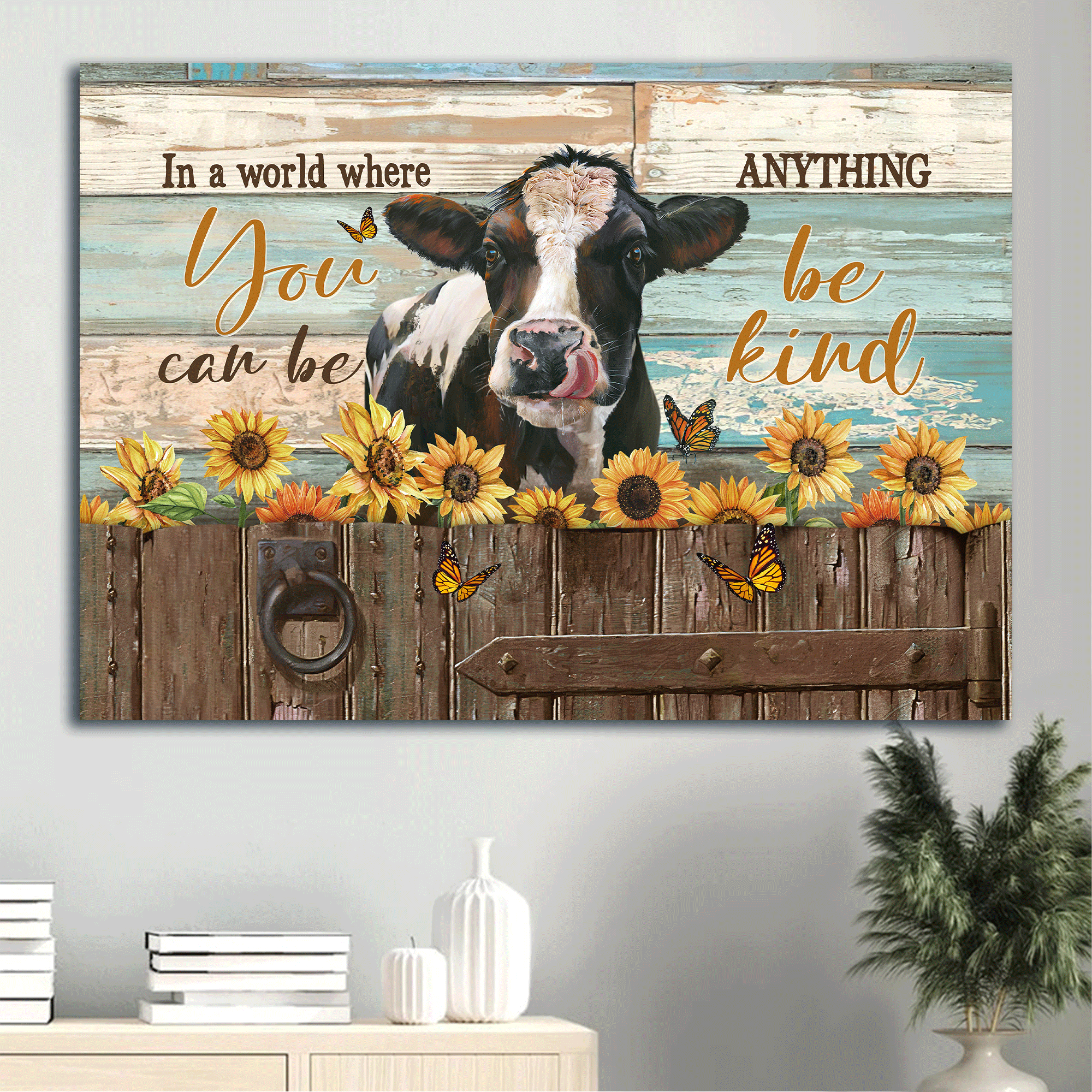 Jesus Landscape Canvas - Lovely dairy cow, Sunflower painting Landscape Canvas - Gift For Christian -Stunning monarch butterfly, Be kind Landscape Canvas