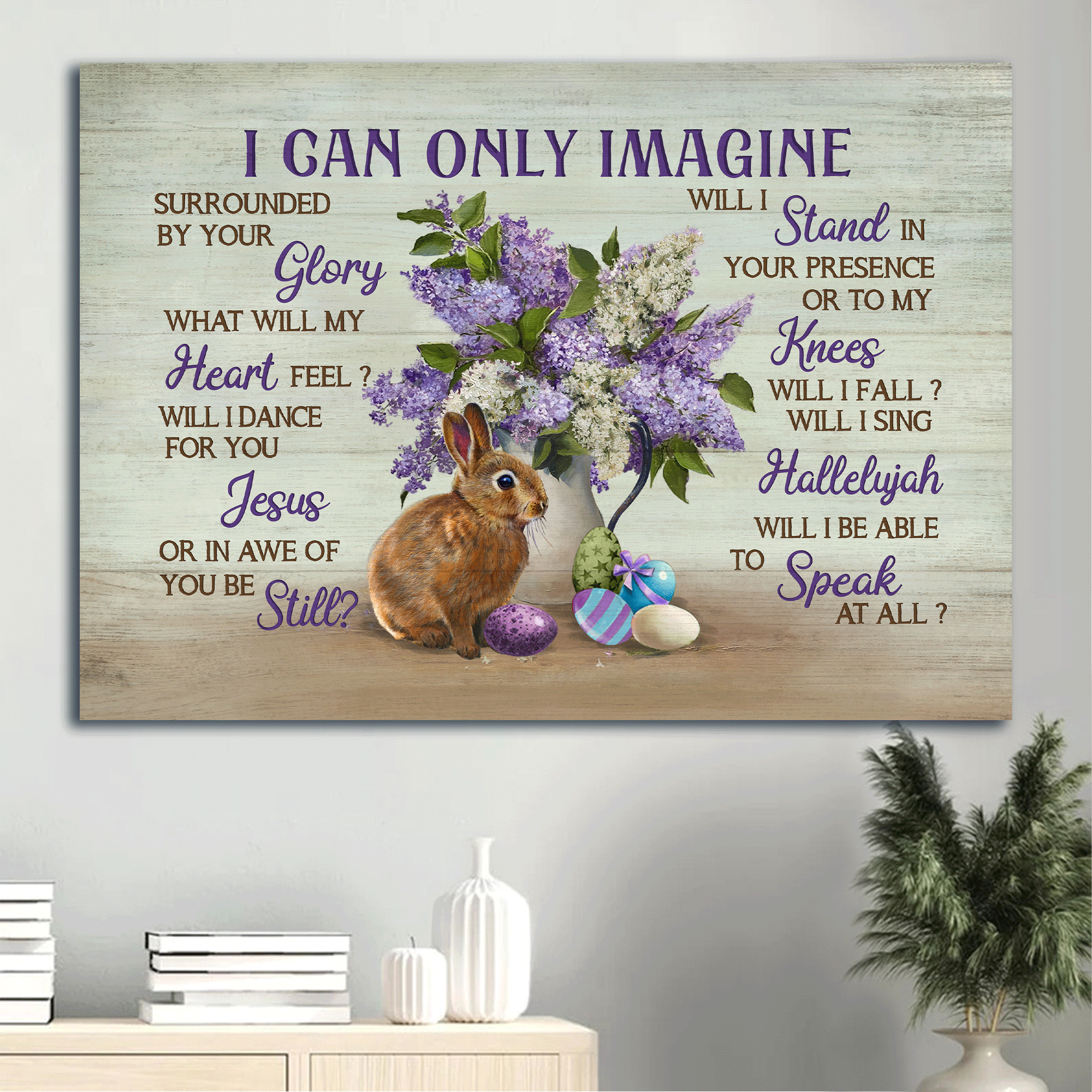 Jesus Landscape Canvas -Beautiful purple flower, Rabbit drawing, Easter eggs Landscape Canvas - Gift For Christian - I can only imagine