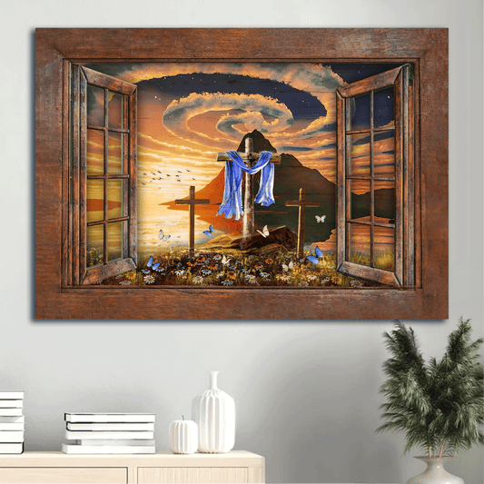 Jesus Landscape Canvas- Beautiful halo, Orange sunset, Wooden cross, Window, Pretty butterfly canvas- Gift for Christian