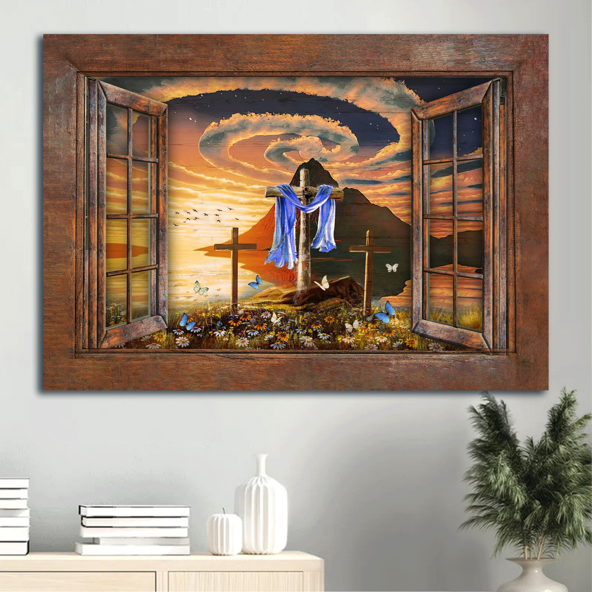 Jesus Landscape Canvas- Beautiful halo, Orange sunset, Wooden cross, Window, Pretty butterfly canvas- Gift for Christian