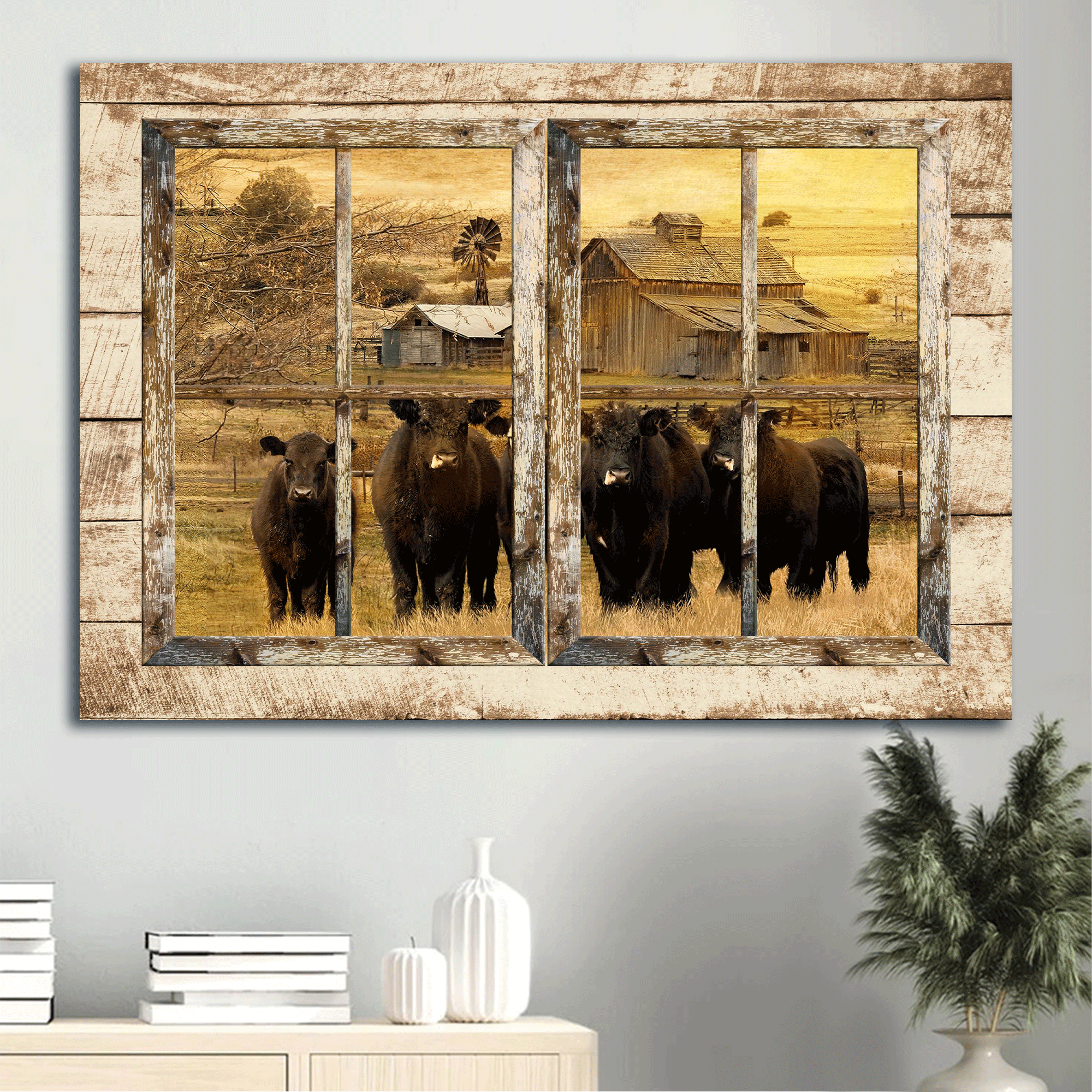 Jesus Landscape Canvas- Aberdeen Angus Canvas,  Farm Drawing, Through The Window Frame Landscape Canvas- Gift For Religious Christian