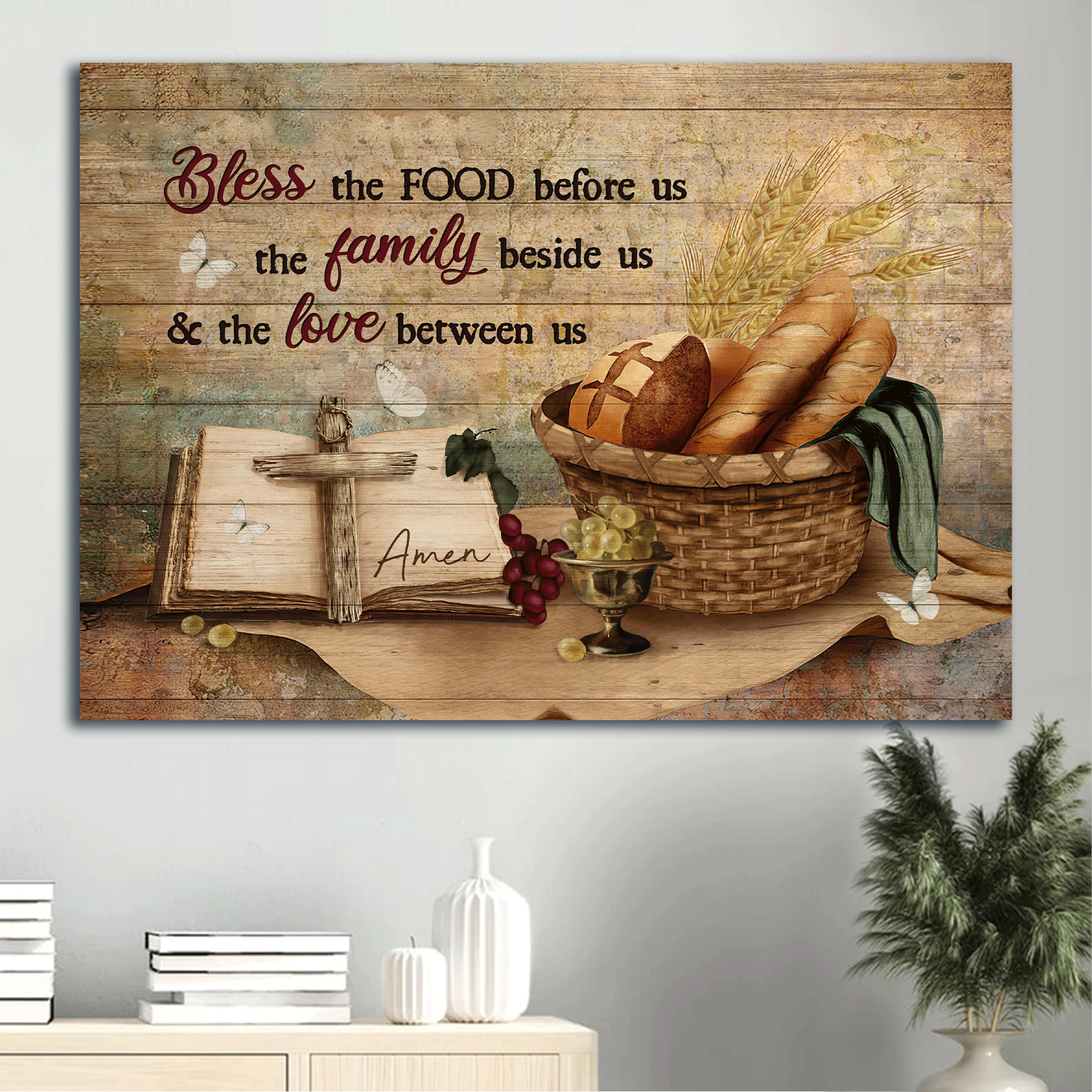 Jesus Landscape Canvas- Baguette Painting, Grapes Drawing, Religious Text, Book Landscape Canvas- Gift For Christian- Bless The Food