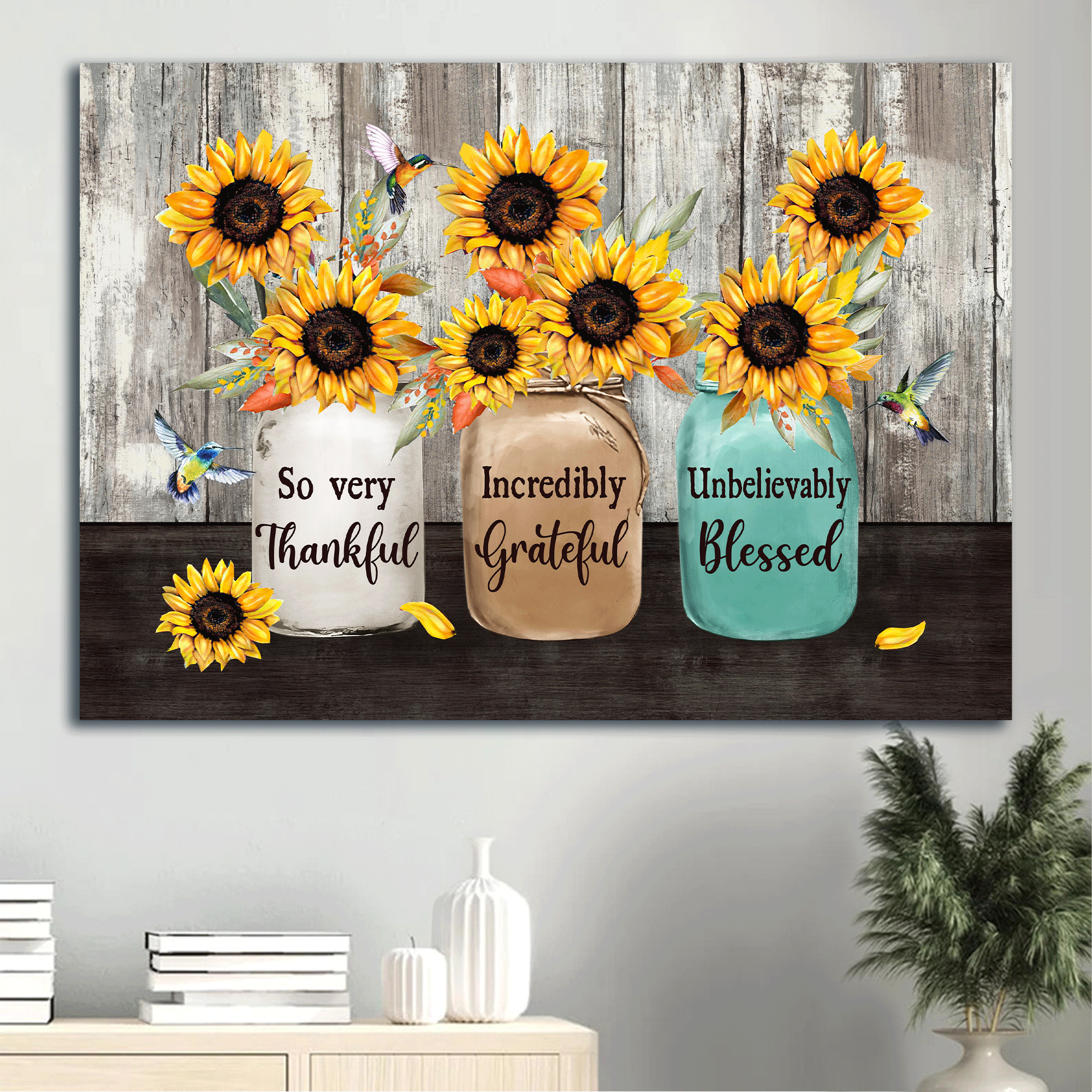 Jesus Landscape Canvas - Big sunflower, Colorful vase, Beautiful hummingbird Landscape Canvas - Gift For Christian - So very thankful Landscape Canvas