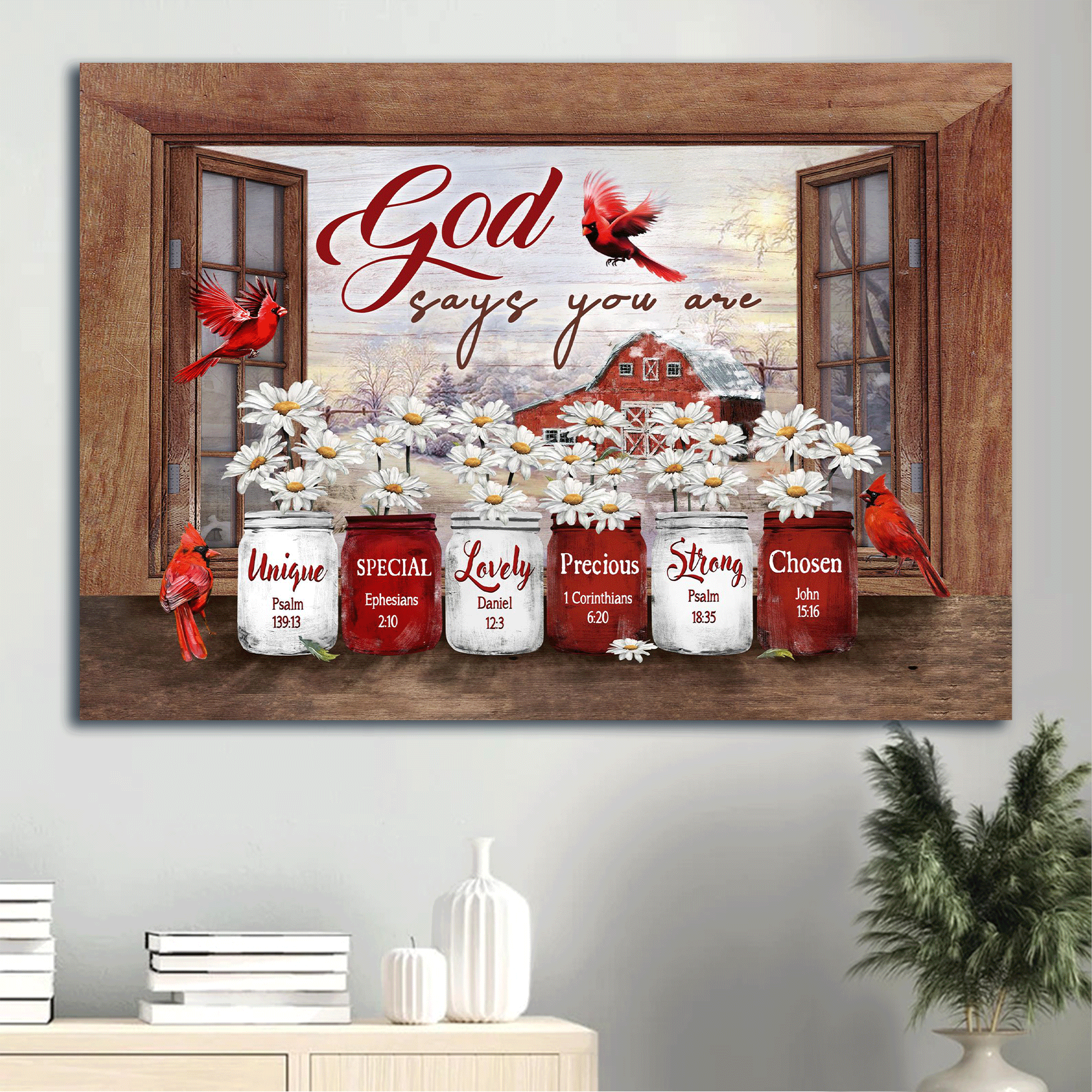 Jesus Landscape Canvas - Window Frame, Daisy Flower, Barn House Painting, Red Cardinal - Gift For Christian - God Says You Are Canvas