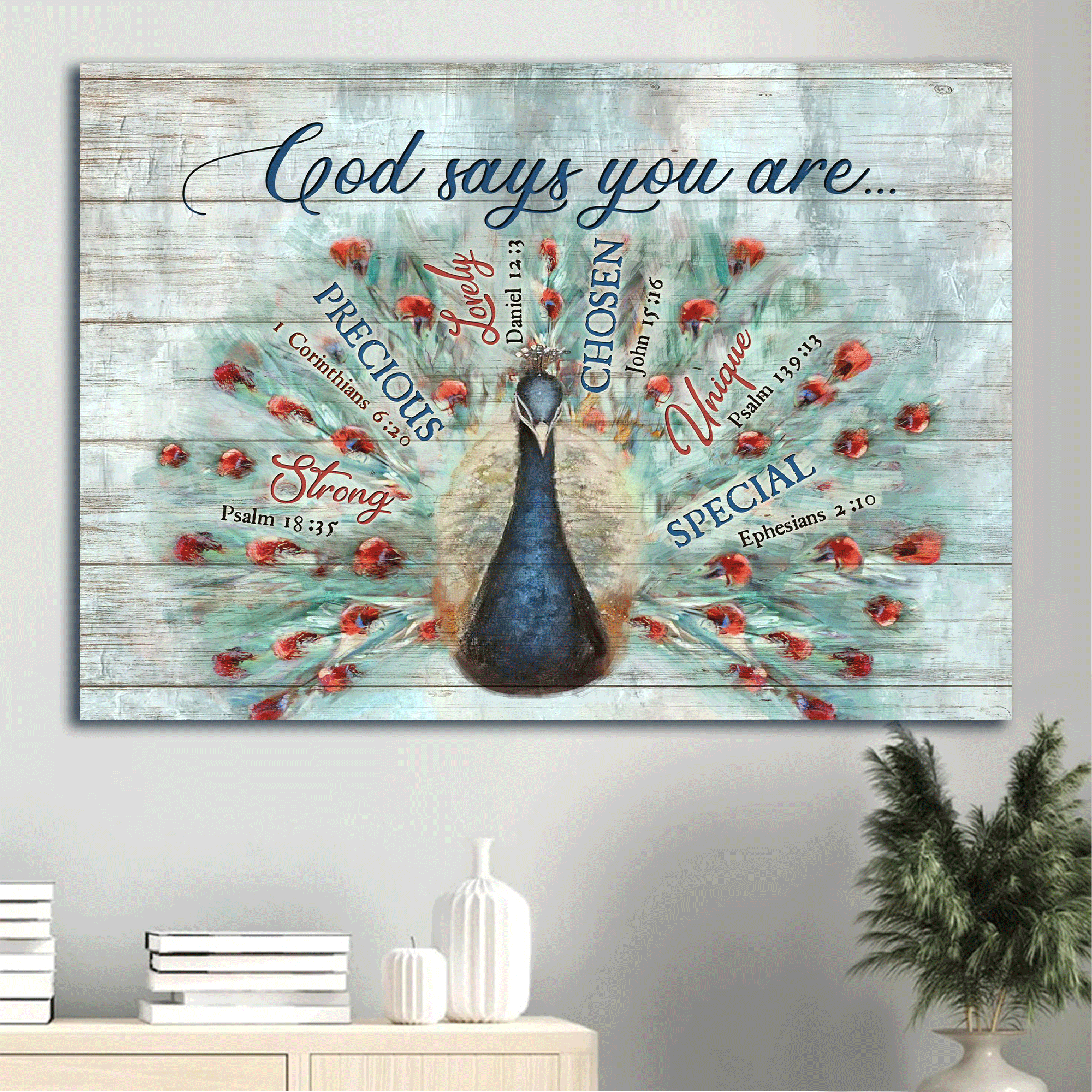 Jesus Landscape Canvas- Blue Peacock painting, Bible verses, Vintage drawing - Gift for Christian- God says you are -  Landscape Canvas Prints, Home Decor Wall Art