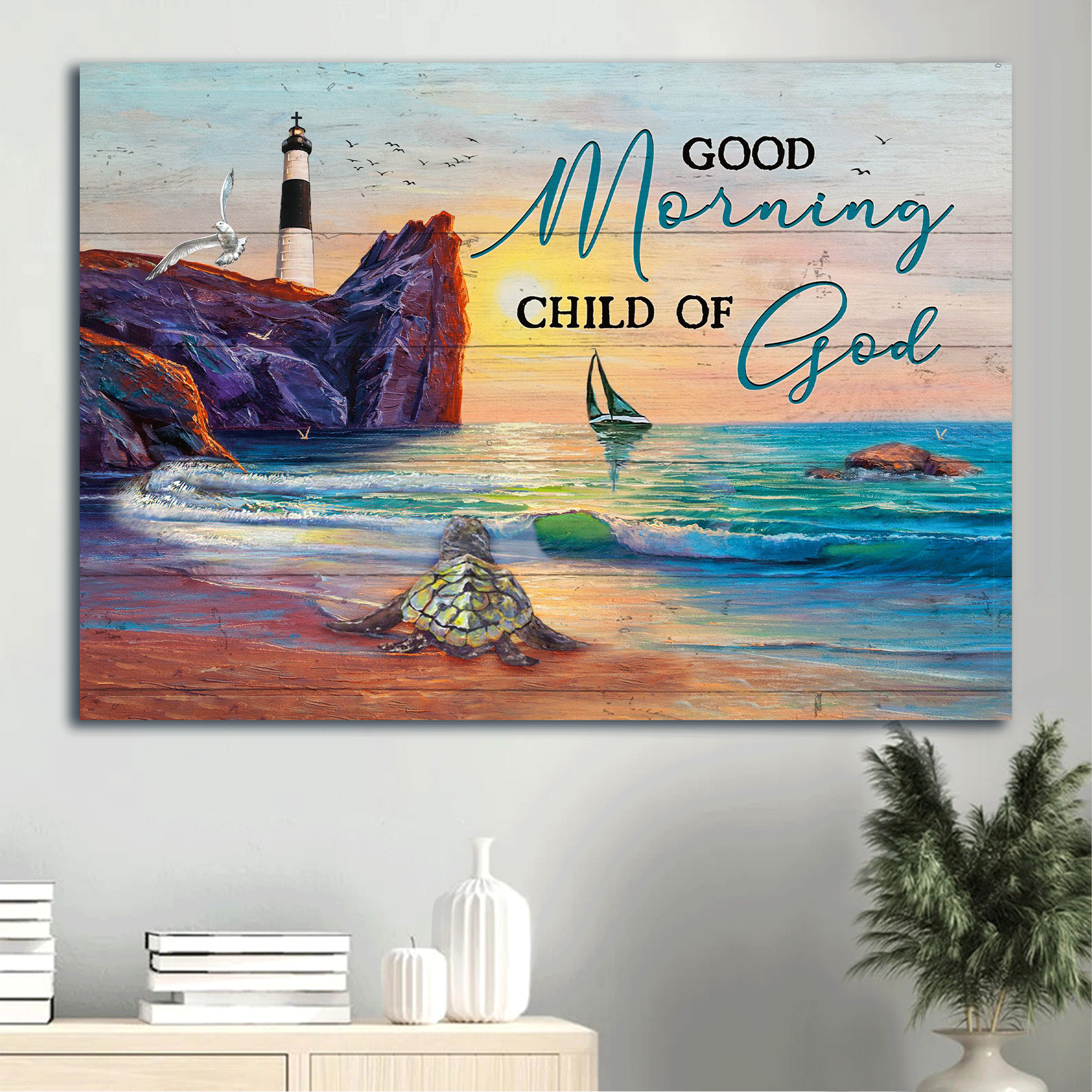 Jesus Landscape Canvas - Beautiful sunset, Oldest turtle, Amazing ocean Landscape Canvas - Gift For Christian - Good morning child of God