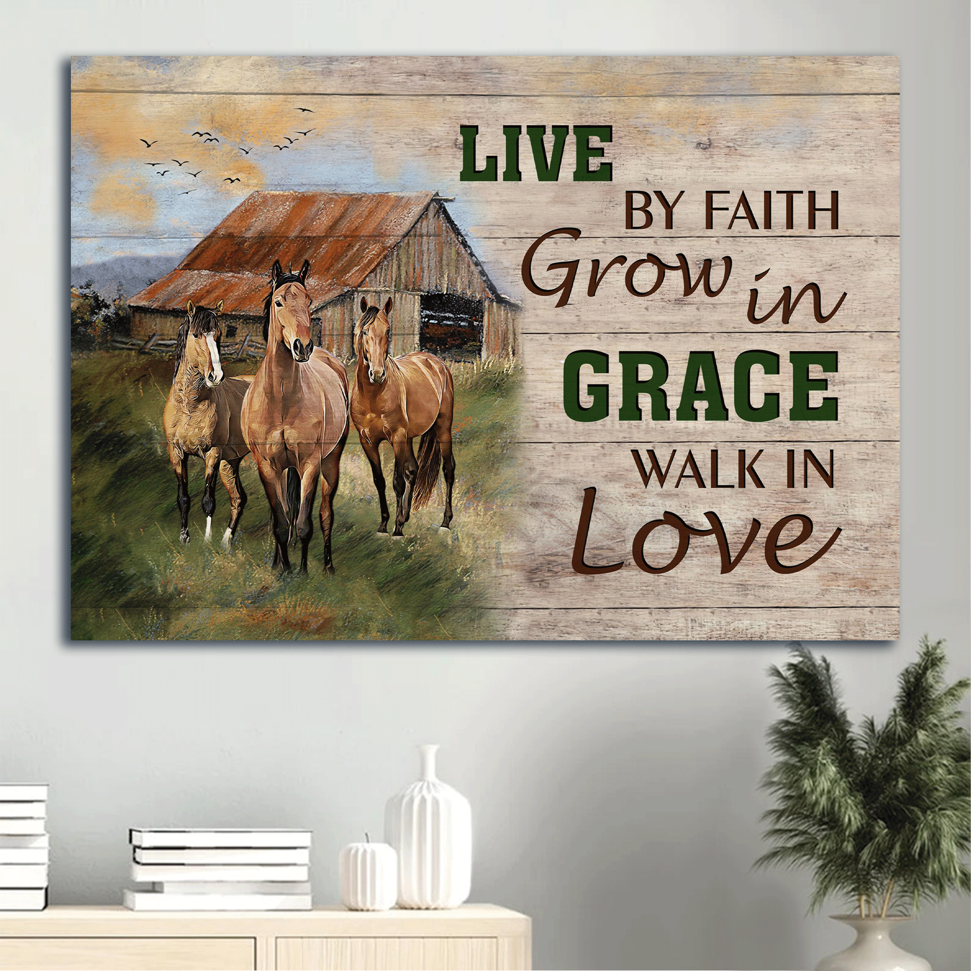 Jesus Landscape Canvas- Awesome Horses, Peaceful Meadow, Farm Animal Canvas- Gift For Christian- Live By Faith, Walk In Love