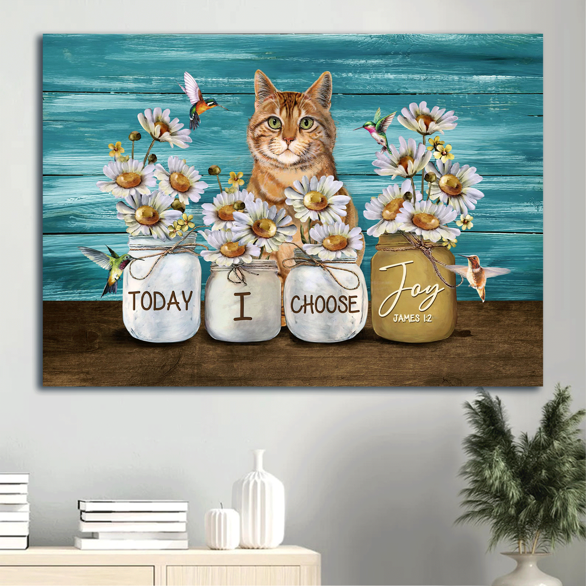 Jesus Landscape Canvas- Awesome Daisy Vase, Lovely Hummingbird, Cute Yellow Cat Canvas- Gift For Christian- Today I Choose Joy